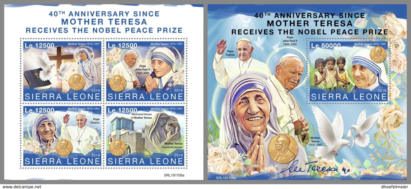SIERRA LEONE 2019 MNH Mother Teresa Nobel Prize Winner Nobelpreis Prix Nobel M/S+S/S - IMPERFORATED - DH1951 - Mère Teresa