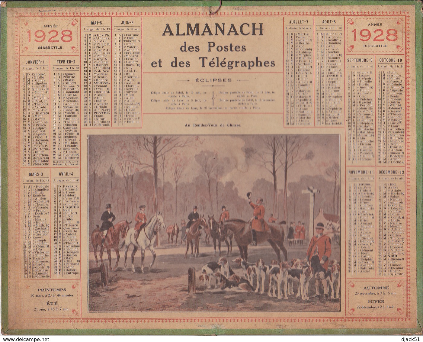 Calendrier 1928 ALMANACH Des Postes Et DesTélégraphes / Au Rendez-Vous De Chasse (Chasse à Courre) - Grand Format : 1921-40