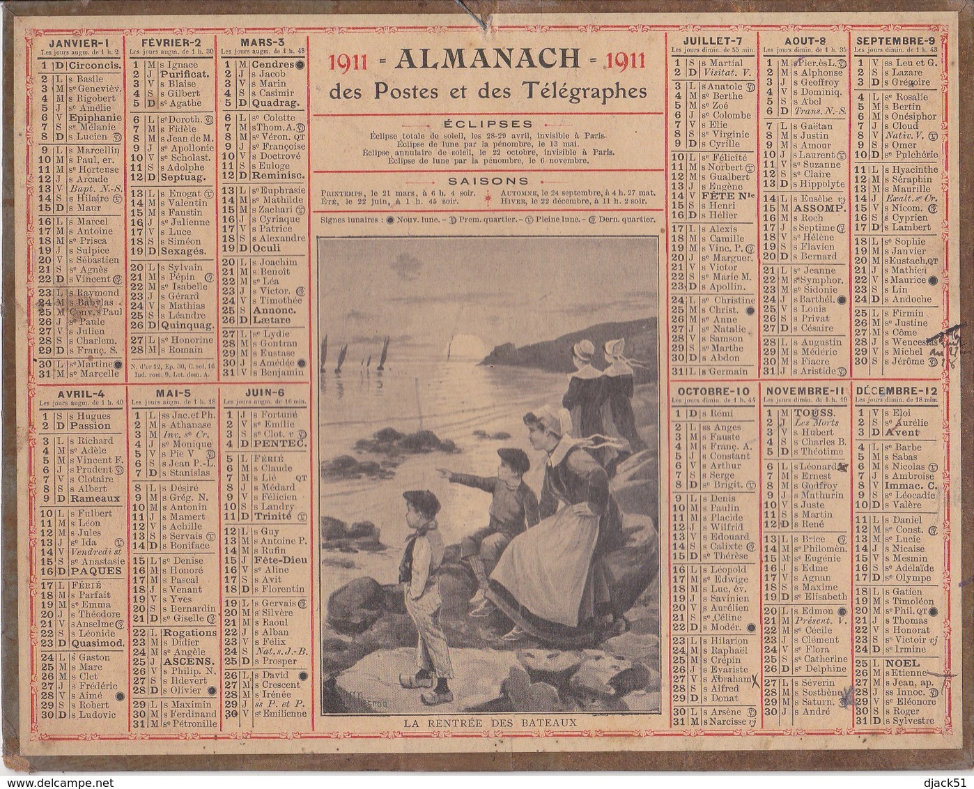 Calendrier 1911 ALMANACH Des Postes Et DesTélégraphes / LA RENTREE DES BATEAUX (Femmes Et Enfants) - Grand Format : 1901-20