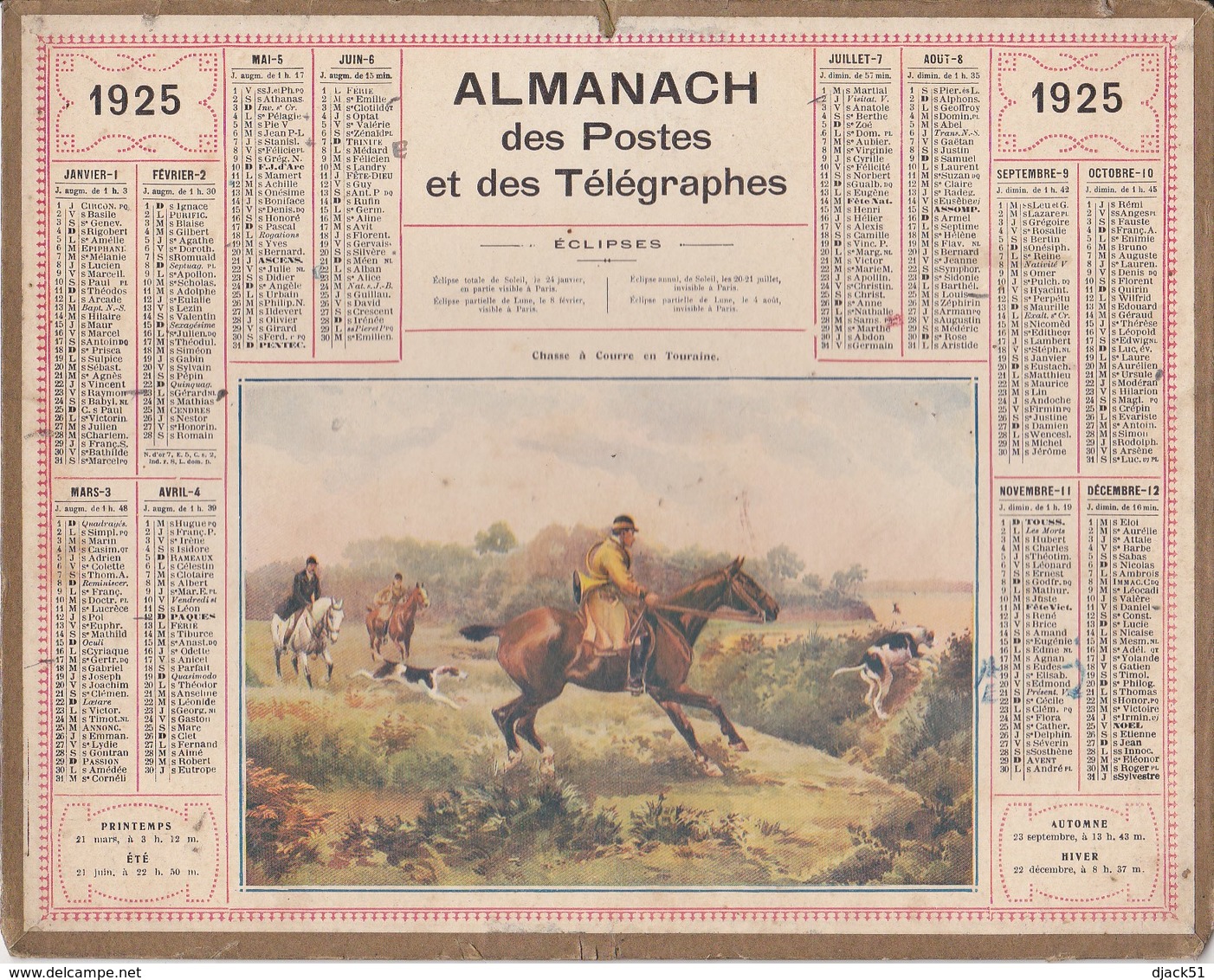 Calendrier 1925 ALMANACH Des Postes Et DesTélégraphes / Chasse à Courre En Tourraine / MARNE - Grand Format : 1921-40