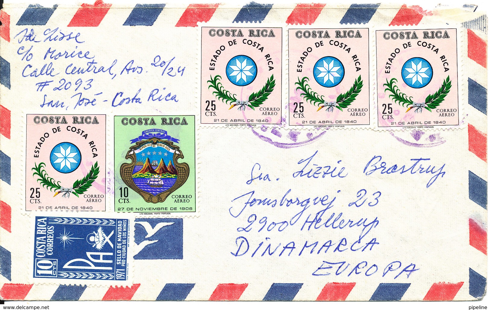 Costa Rica Air Mail Cover Sent To Denmark With More Stamps - Costa Rica