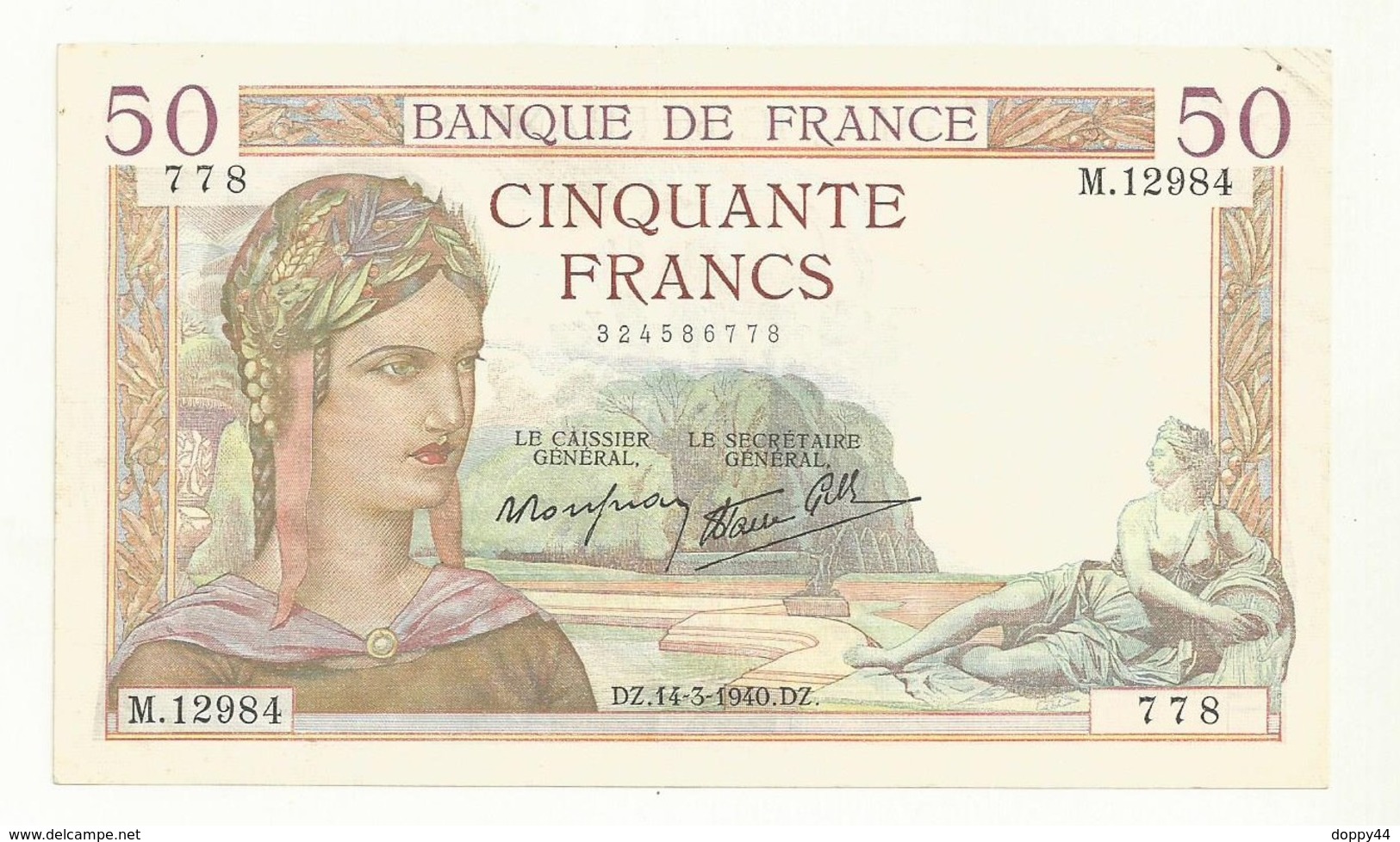 BILLET 50 F CERES  DZ.14-3-1940.DZ.  2 TROUS EPINGLE MAIS CRAQUANT  BEL ASPECT TTB+ - 50 F 1934-1940 ''Cérès''