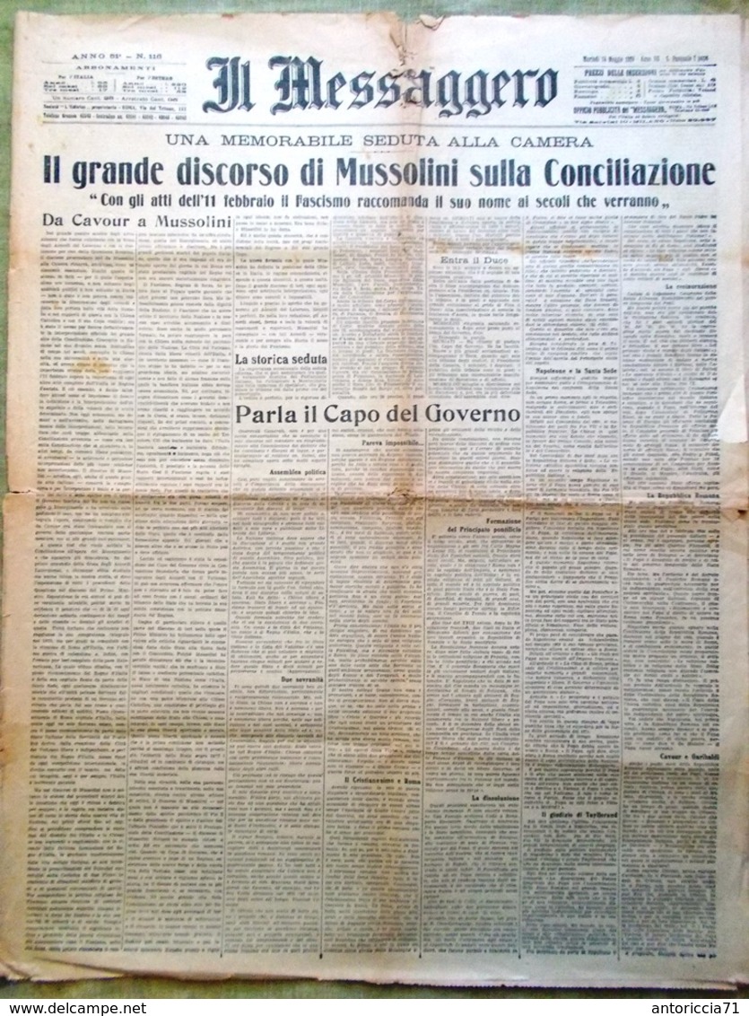 Il Messaggero Del 14 Maggio 1929 Mussolini Conciliazione Vaticano Territori Duce - War 1914-18