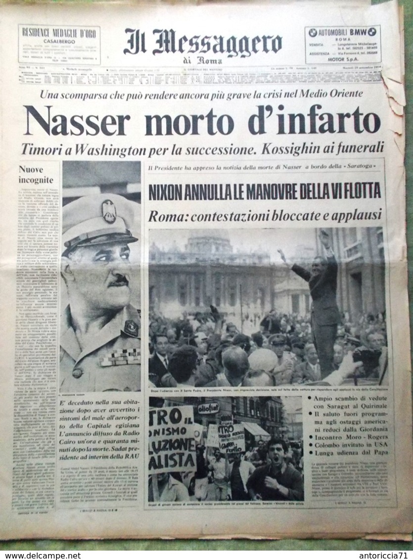 Il Messaggero Del 29 Settembre 1970 Morte Nasser Nixon Maoisti A Roma Dos Passos - Guerre 1914-18