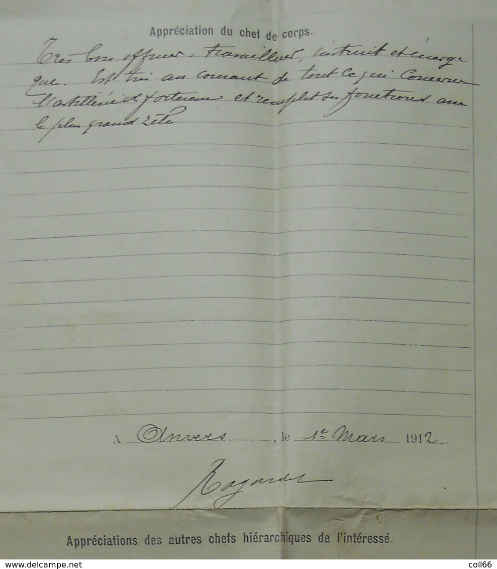 1912 Major Vermeulen Artillerie De Forteresse D'Anvers Proposition D'avancement Lieutenant Colonel Ragondit Belgique - Documents