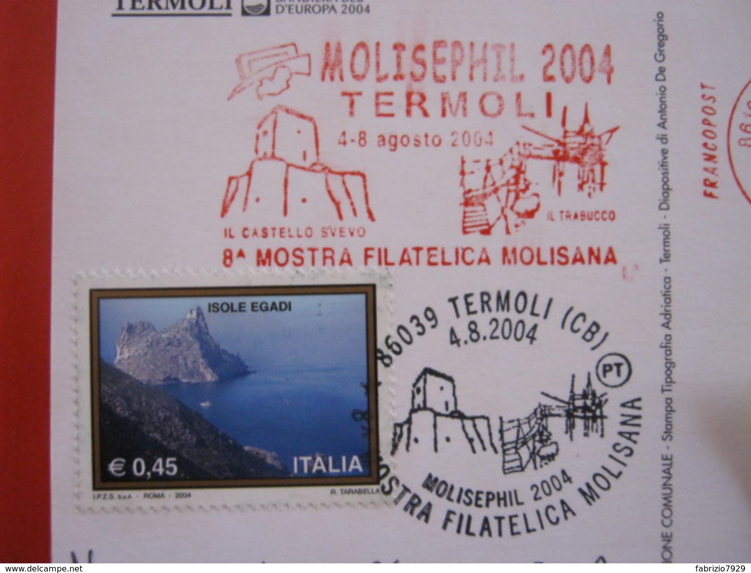 A.14 ITALIA ANNULLO 2004 TERMOLI CAMPOBASSO TURISTICA MOLISE CASTELLO SVEVO TRABUCCO PESCA + SPECIMEN EMA VIAGGIATA - Altri & Non Classificati