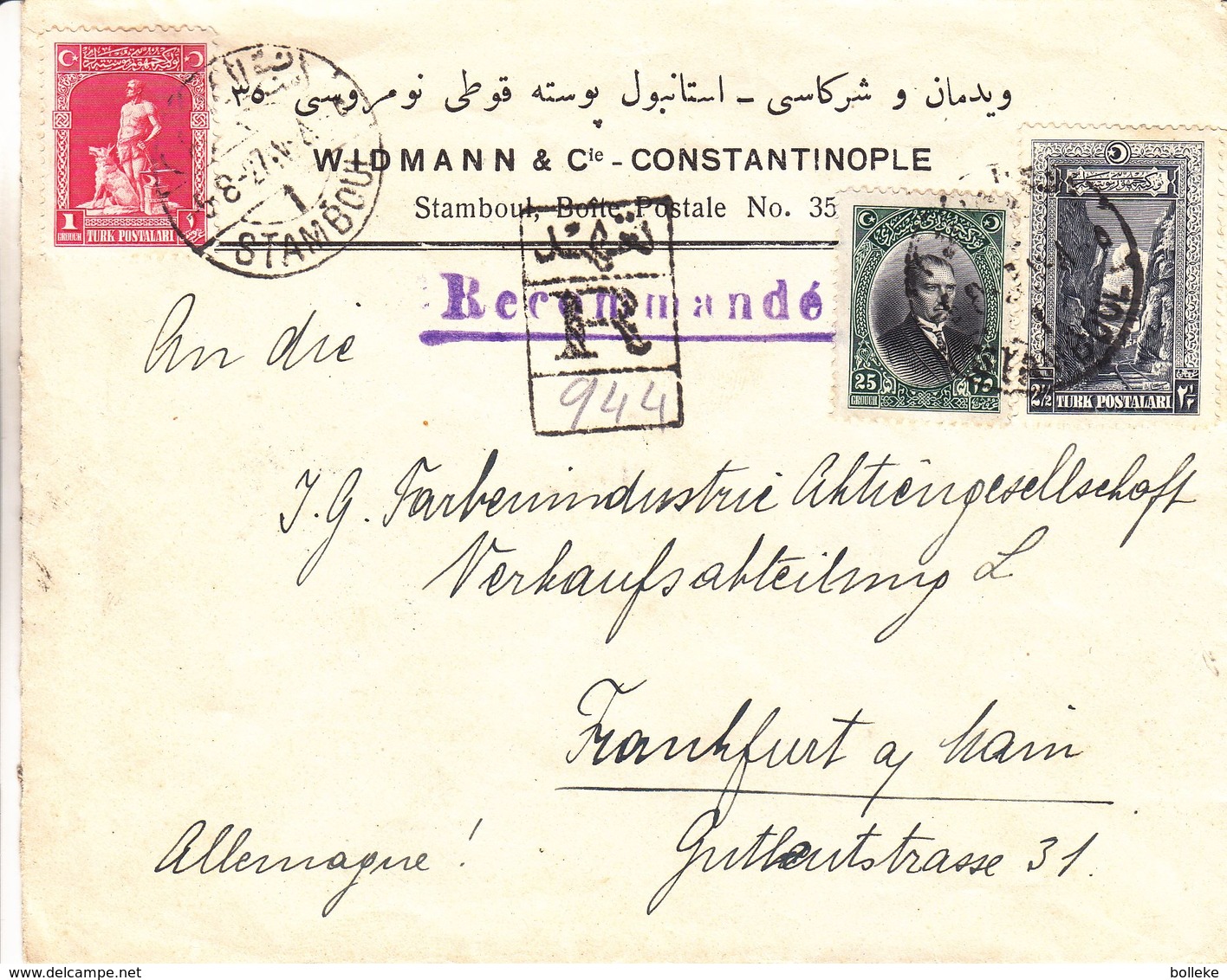 Turquie - Lettre Recom De 1927 ° - Oblit Stamboul - Exp Vers Frankfurt Am Main - - Lettres & Documents