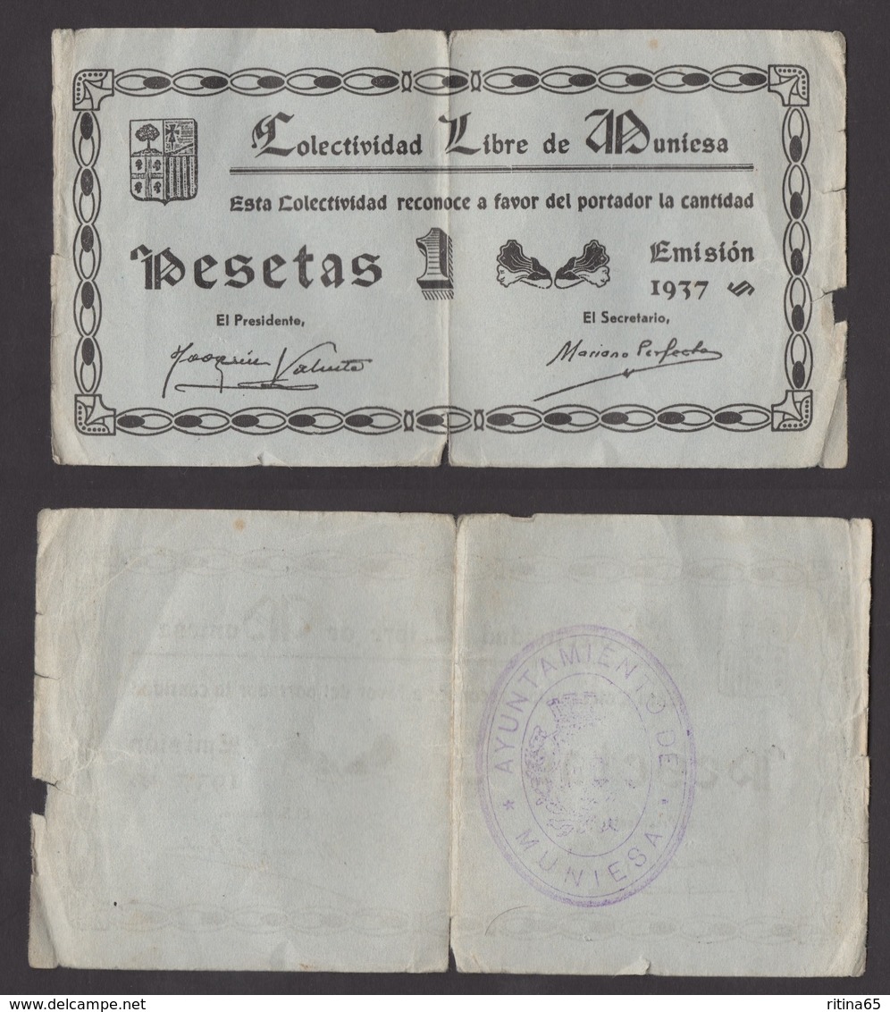 SPAGNA !!! MUNIESA ( TERUEL ) 1 PESETAS 1937 COLECTIVIDAD LIBRE !!! RARO - 1-2 Pesetas