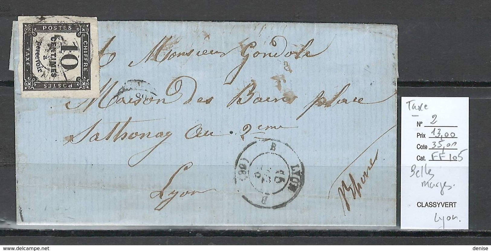 France -Lettre Taxée - Yvert 2 - 10 Centimes - Belles Marges - 1859-1959 Lettres & Documents