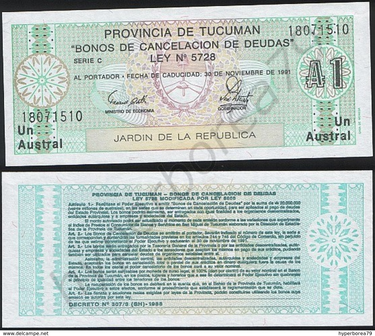 Argentina ( Tucuman ) P S2711 - 1 Austral 30.11.1991 - UNC - Argentina