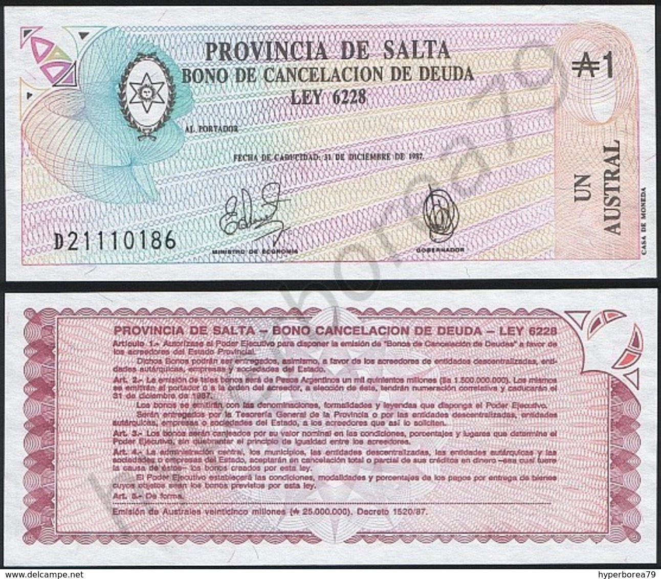 Argentina ( Salta ) P S2612 - 1 Austral 31.12.1987 - UNC - Argentina