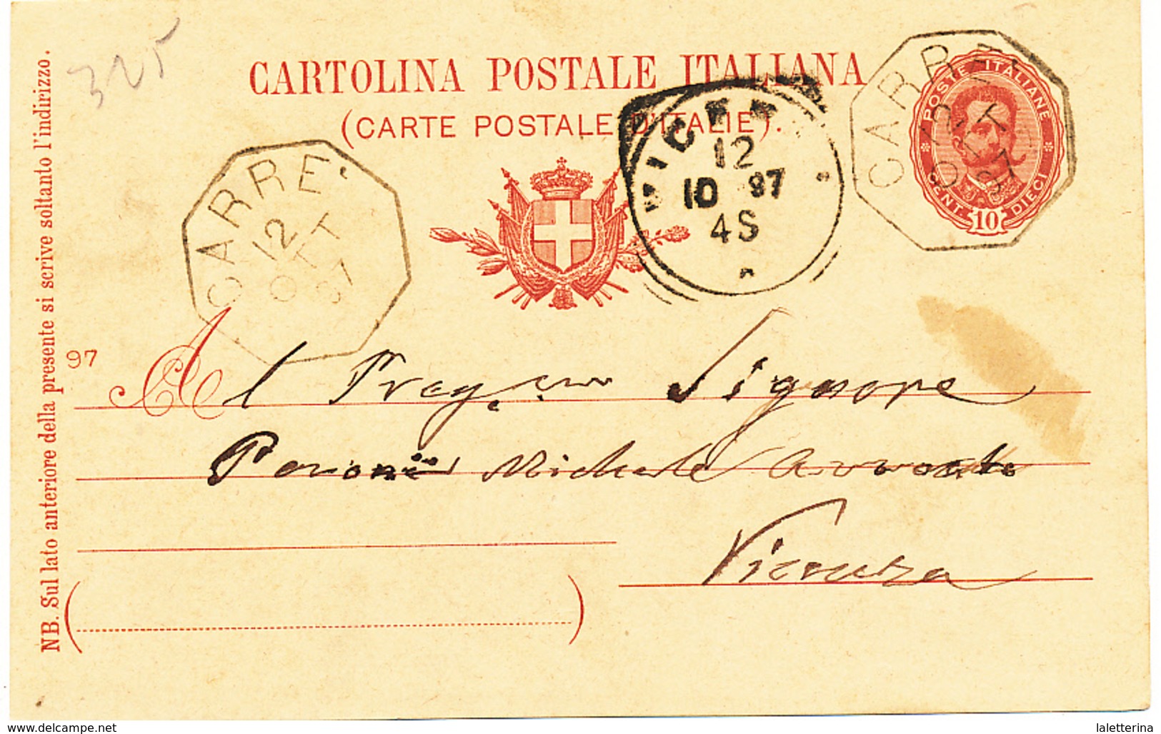 1897 CARRE' VICENZA  OTTAGONALE DI COLLETTORIA RURALE - Poststempel