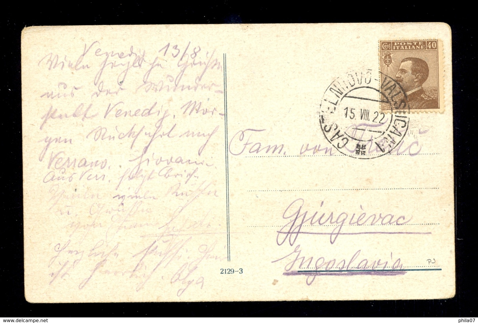 Italy, Croatia - Postcard Of Venezia Cancelled By T.P.O. CASTELNUOVO-VALASICANA, Postmark 15.02. 1922. - Autres & Non Classés