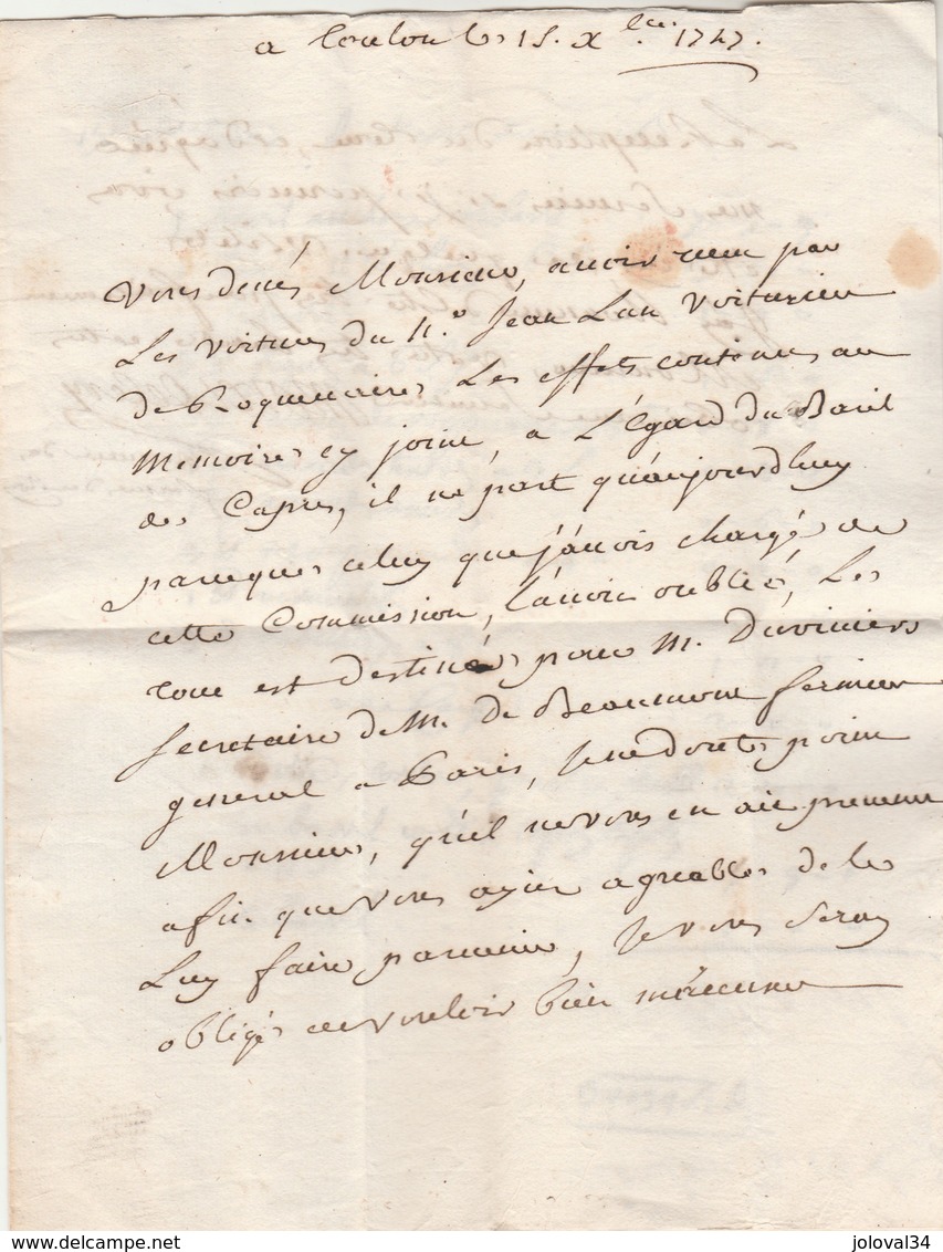 Lettre Marque Manuscrite TOULON Var 13/12/1747 à Aix Bouches Du Rhône Beau Scellé Ferme Des Ruelles - 1701-1800: Precursores XVIII