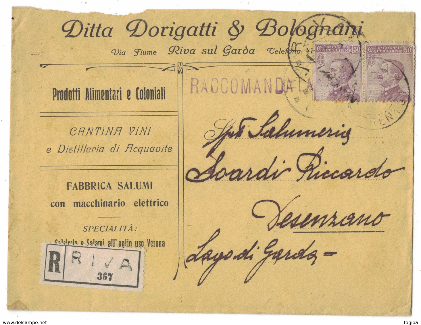 IZ247   Regno 1923 Busta Ditta Dorigatti & Bolognani,Riva Del Garda Racc. Per Desenzano Coppia Michetti 50c - Storia Postale