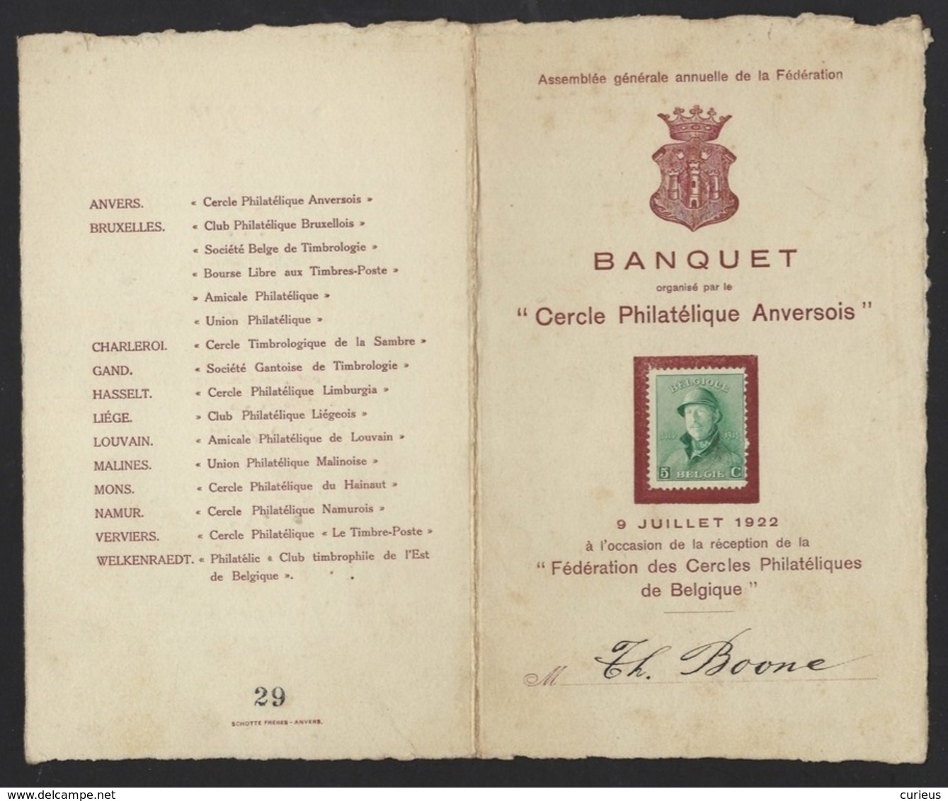 BANQUET * CERCLE PHILATELIQUE ANVERSOIS * 1922 * FED. CERCLES PHIL. DE BELGIQUE * TIMBRE ALBERT I * 18.5 X 11.5 CM - Menu