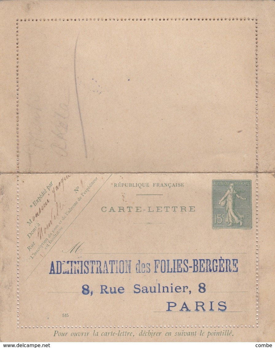 CARTE-LETTRE. SEMEUSE LIGNEE 15c. FOLIES-BERGERES PARIS - Cartes Postales Types Et TSC (avant 1995)