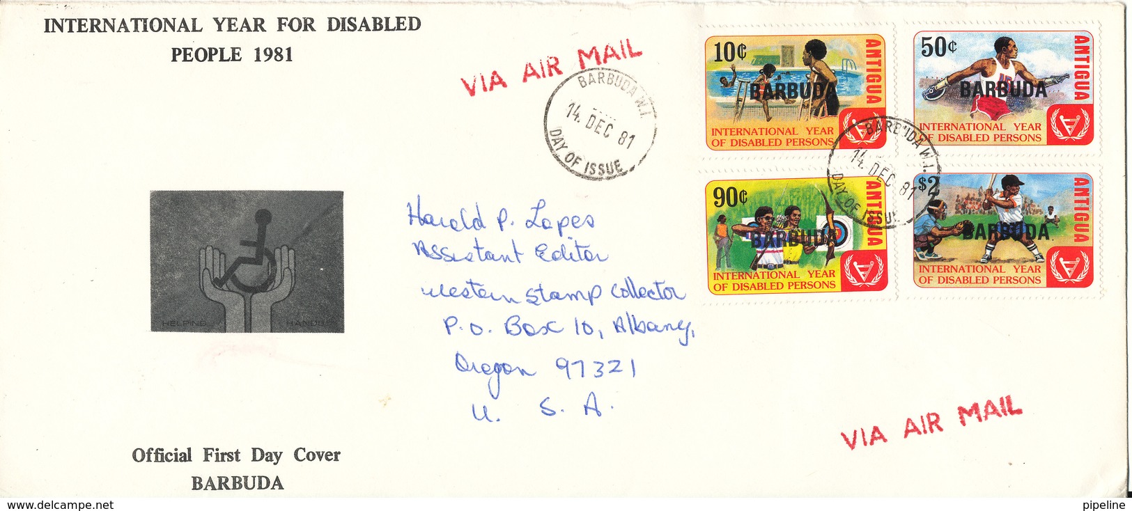 Antigua Barbuda Registered FDC 14-12-1981 Internatiuonal Year Forr Disabled People Complete Set Of 4 With Cachet Sent To - Antigua Et Barbuda (1981-...)