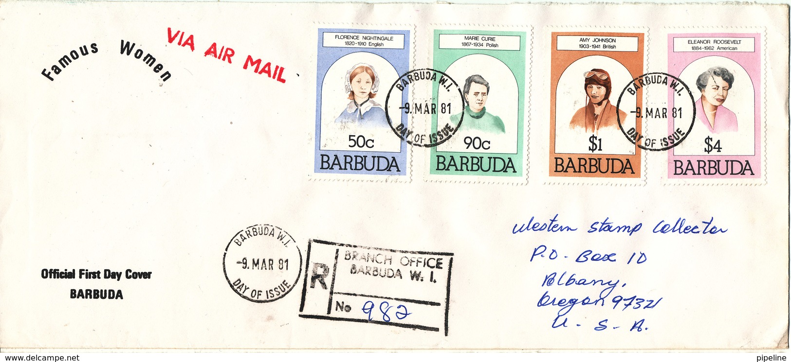 Barbuda Registered FDC 9-3-1981 Famous Women Complete Set Of 4 With Cachet Sent To USA - Antigua And Barbuda (1981-...)