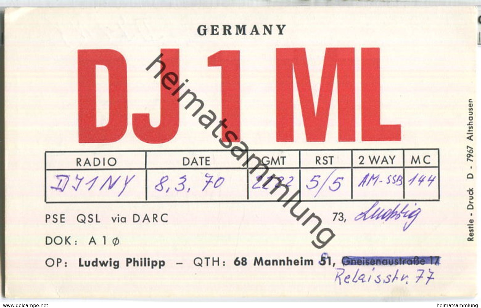 QSL - QTH - Funkkarte - DJ1ML - Mannheim - Radio Amateur