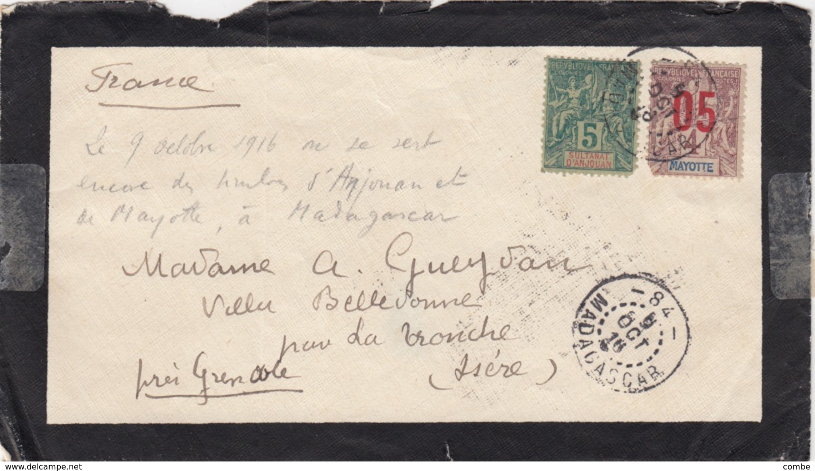 LETTRE DE DEUIL. MADAGASCAR-84. 9 OCTOBRE 1916. AVEC DES TIMBRES D'ANJOUAN ET DE MAYOTTE. 15c POUR LA FRANCE - Briefe U. Dokumente