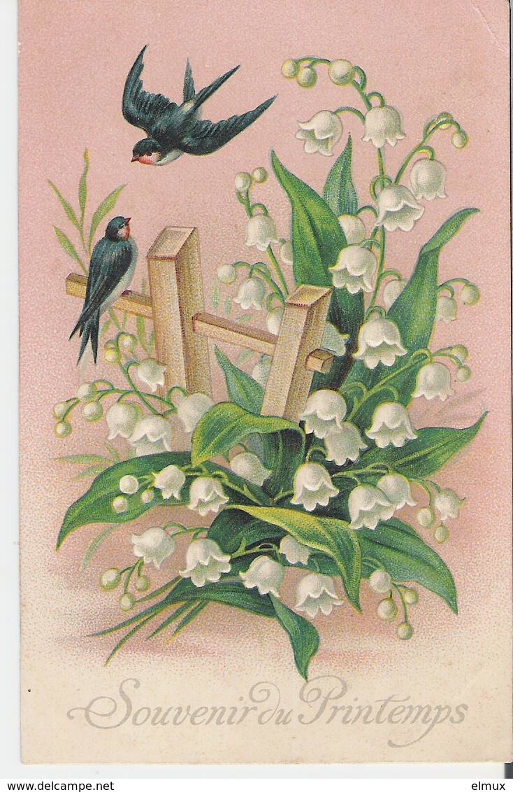 MUGUET Et HIRONDELLES. CPA Gaufrée Voyagée En 1906 Souvenirs Du Printemps - Fleurs