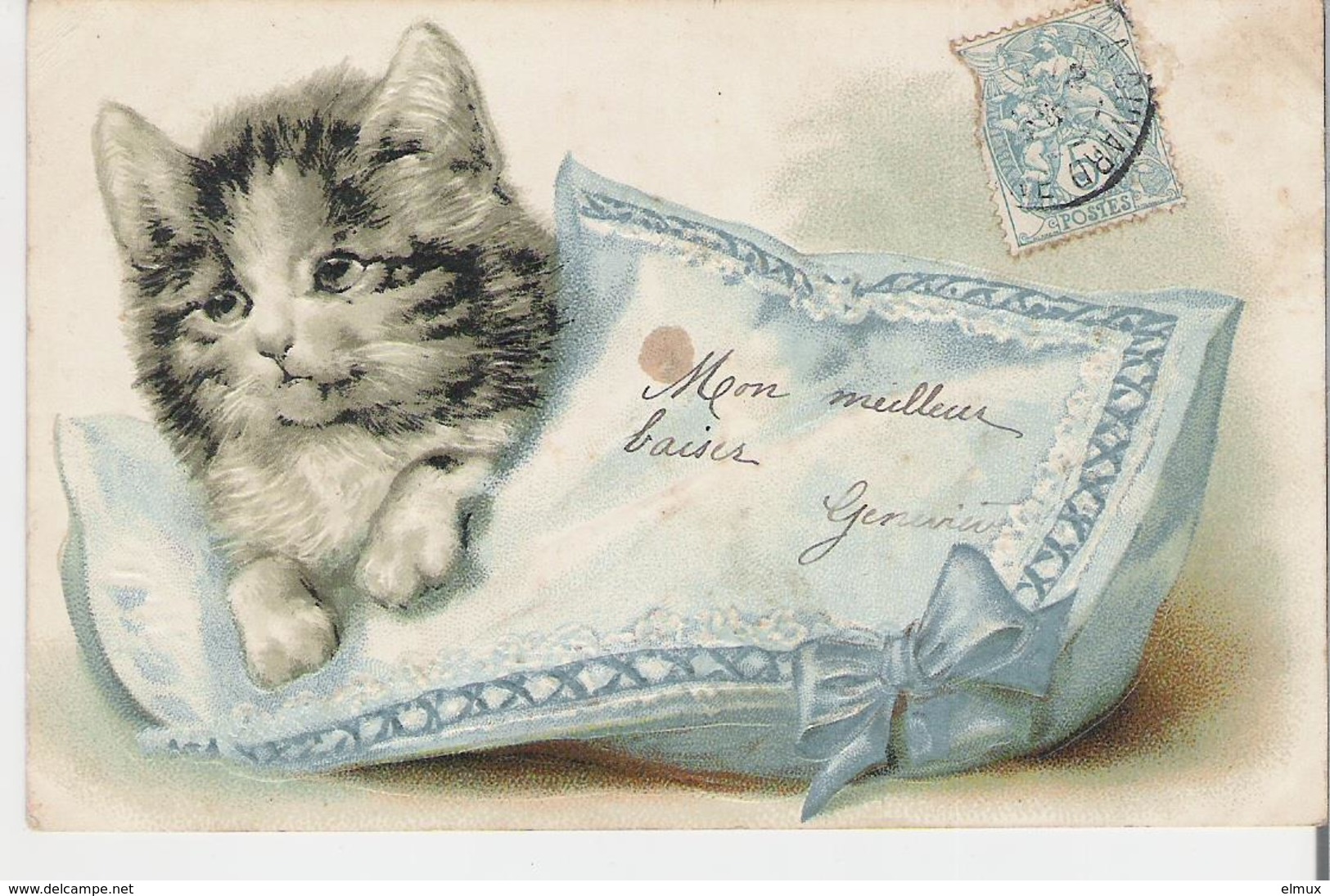 CHATON . CPA Gaufrée Voyagée En 1905 Petit Chat Sur Son Coussin - Katzen