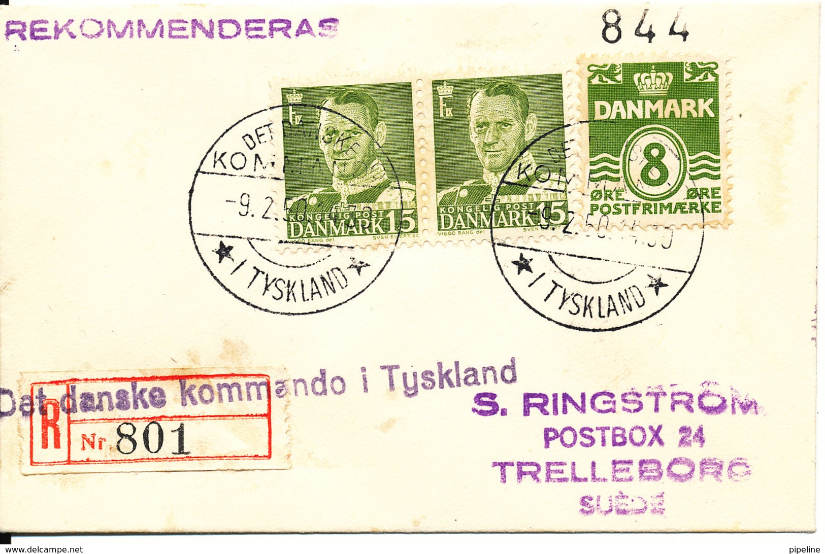 Denmark Small Registered Cover DET DANSKE KOMMANDO I TYSKLAND 9-2-1950 Sent To Sweden - Covers & Documents