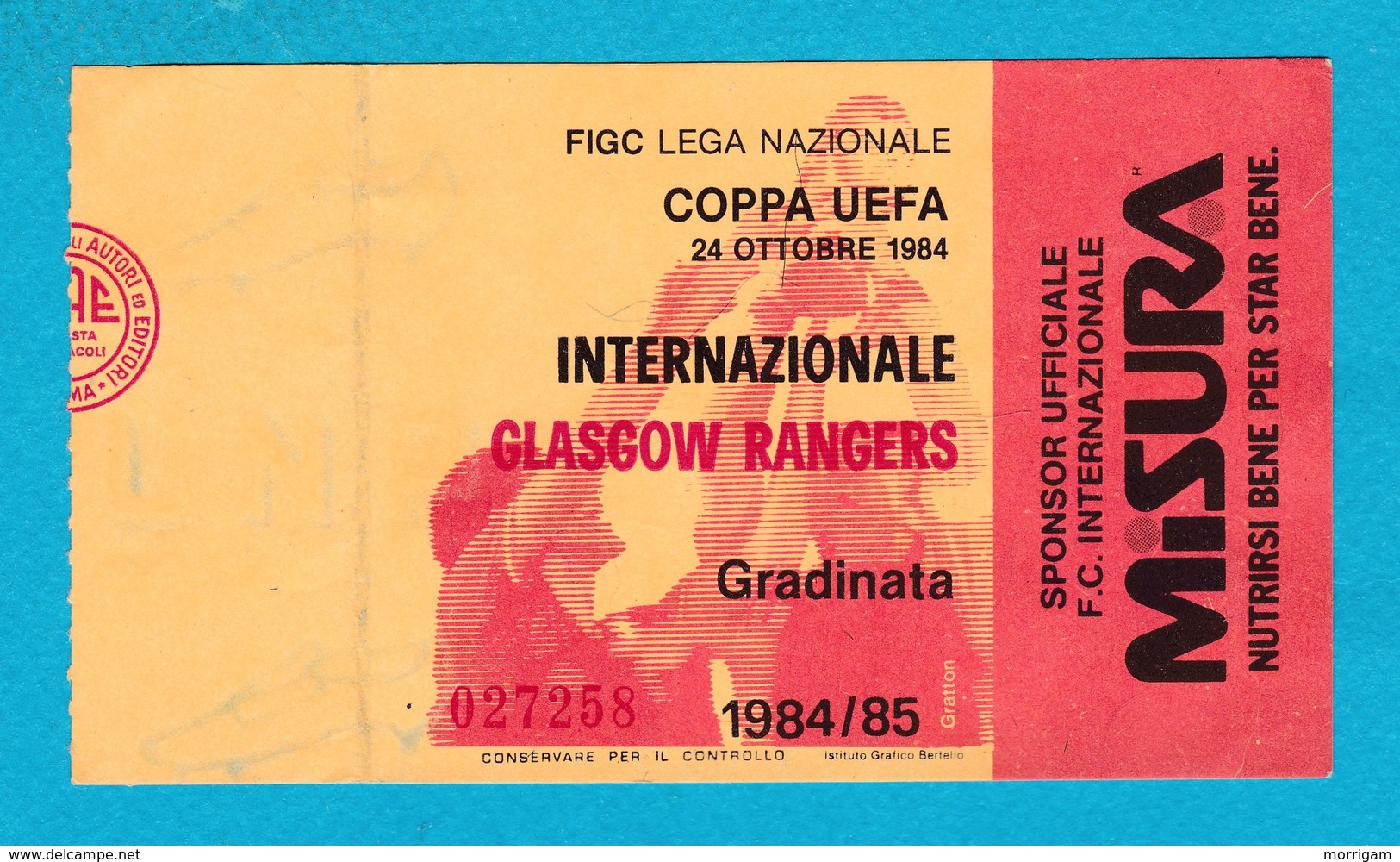 1984 Biglietto Calcio Coppa Uefa Partita Inter Glasgow Rangers - Gradinata - Altri & Non Classificati