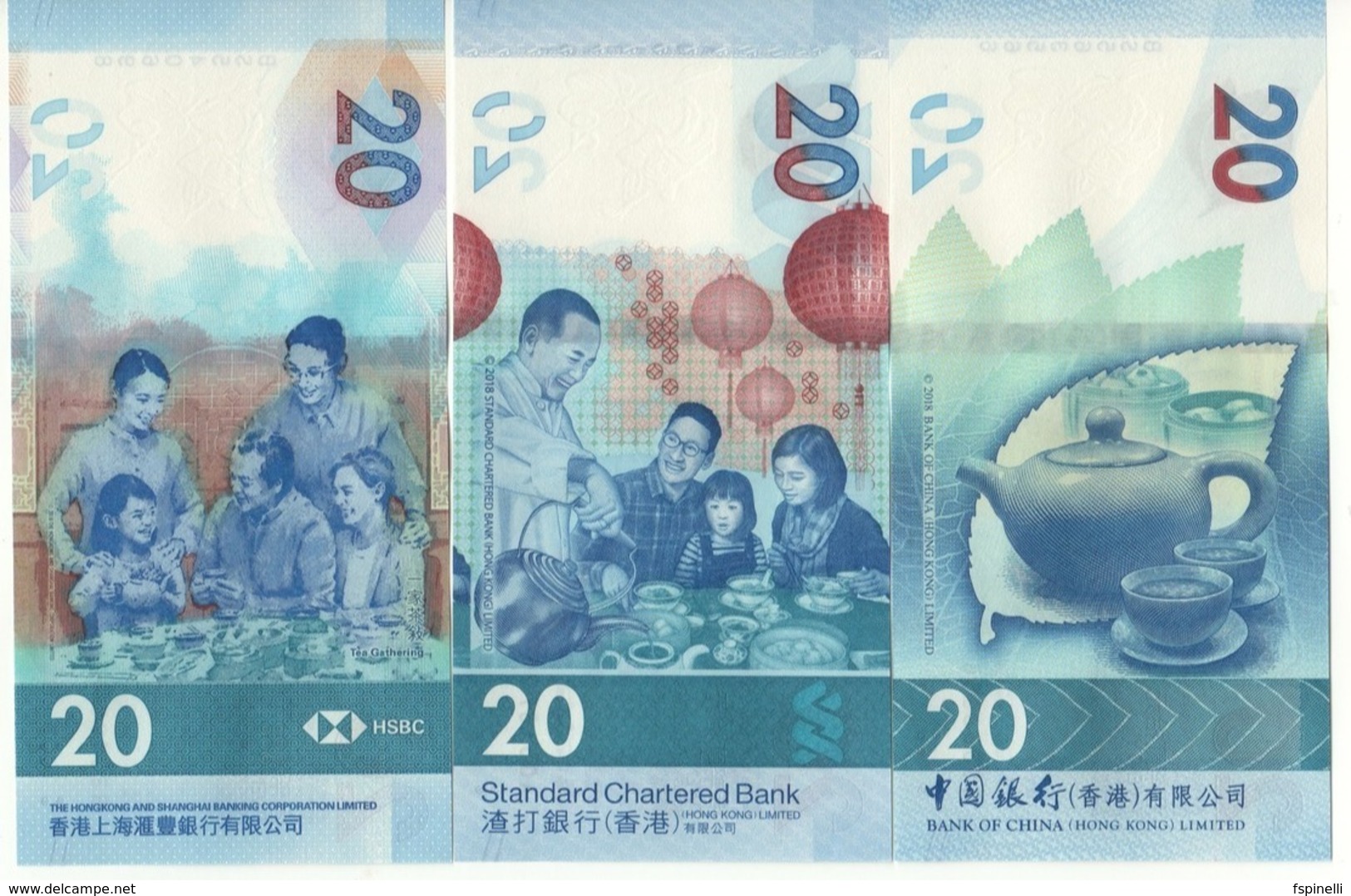 HONG KONG  New $ 20 X 3 Notes. Tea Pot Serie  Newly Issued. Date S 1.1.2018.  The 3 Different Banks - Hong Kong