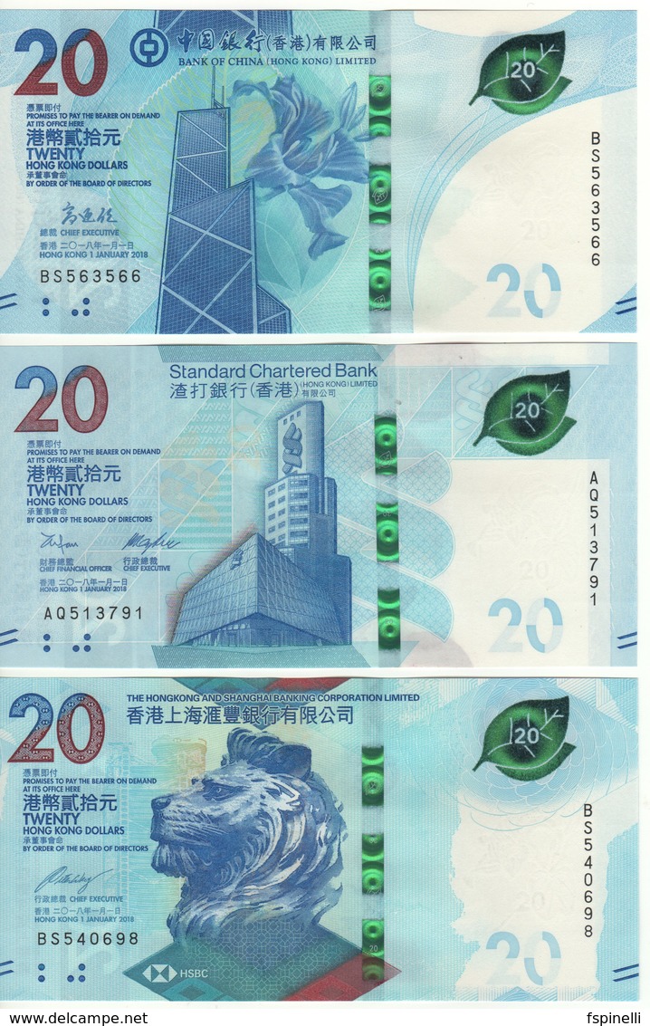 HONG KONG  New $ 20 X 3 Notes. Tea Pot Serie  Newly Issued. Date S 1.1.2018.  The 3 Different Banks - Hong Kong