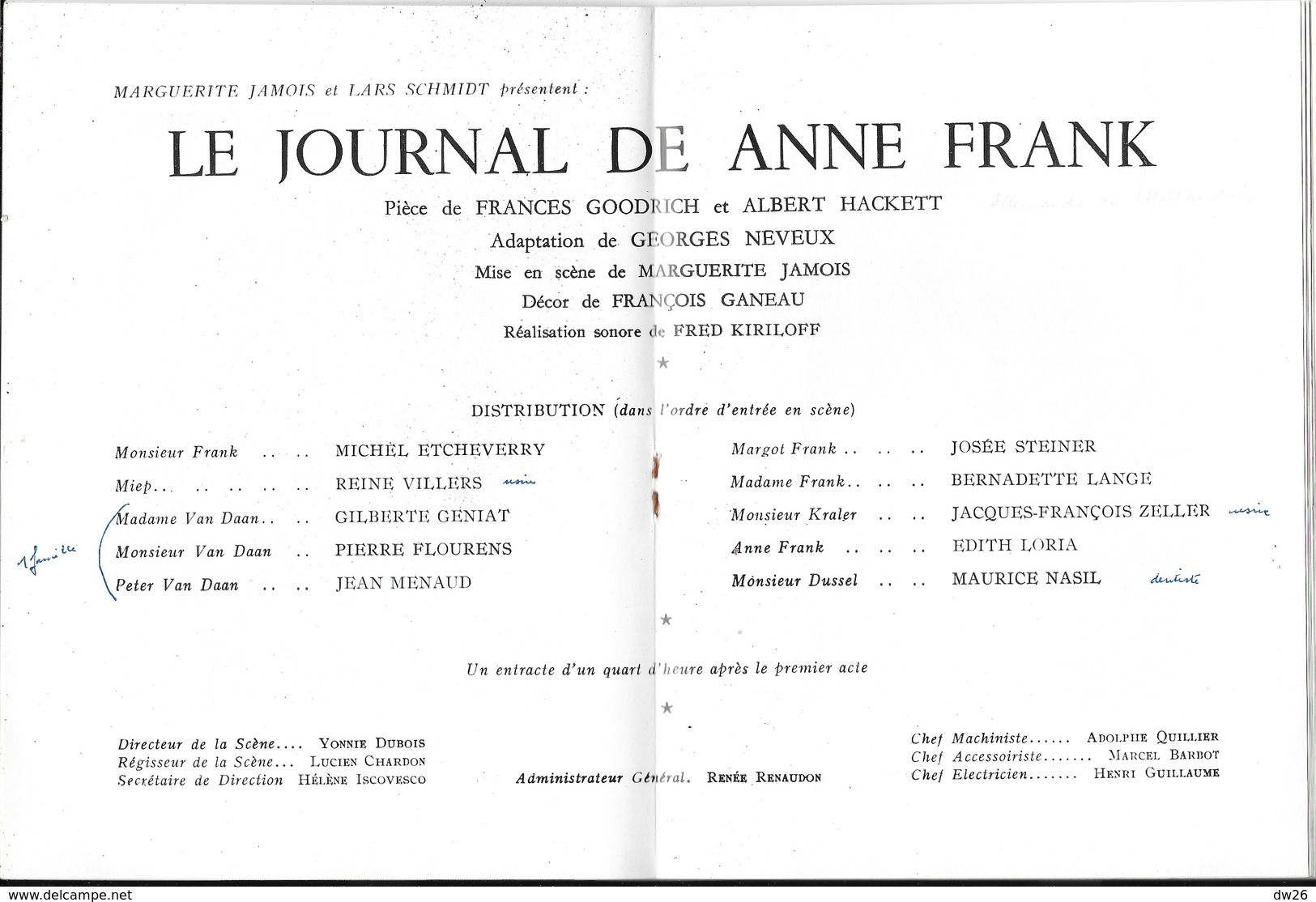 Programme Théâtre Montparnasse Gaston Baty - Pièce Le Journal D'Anne Frank Avec Michel Etcheverry 1958 - Programs