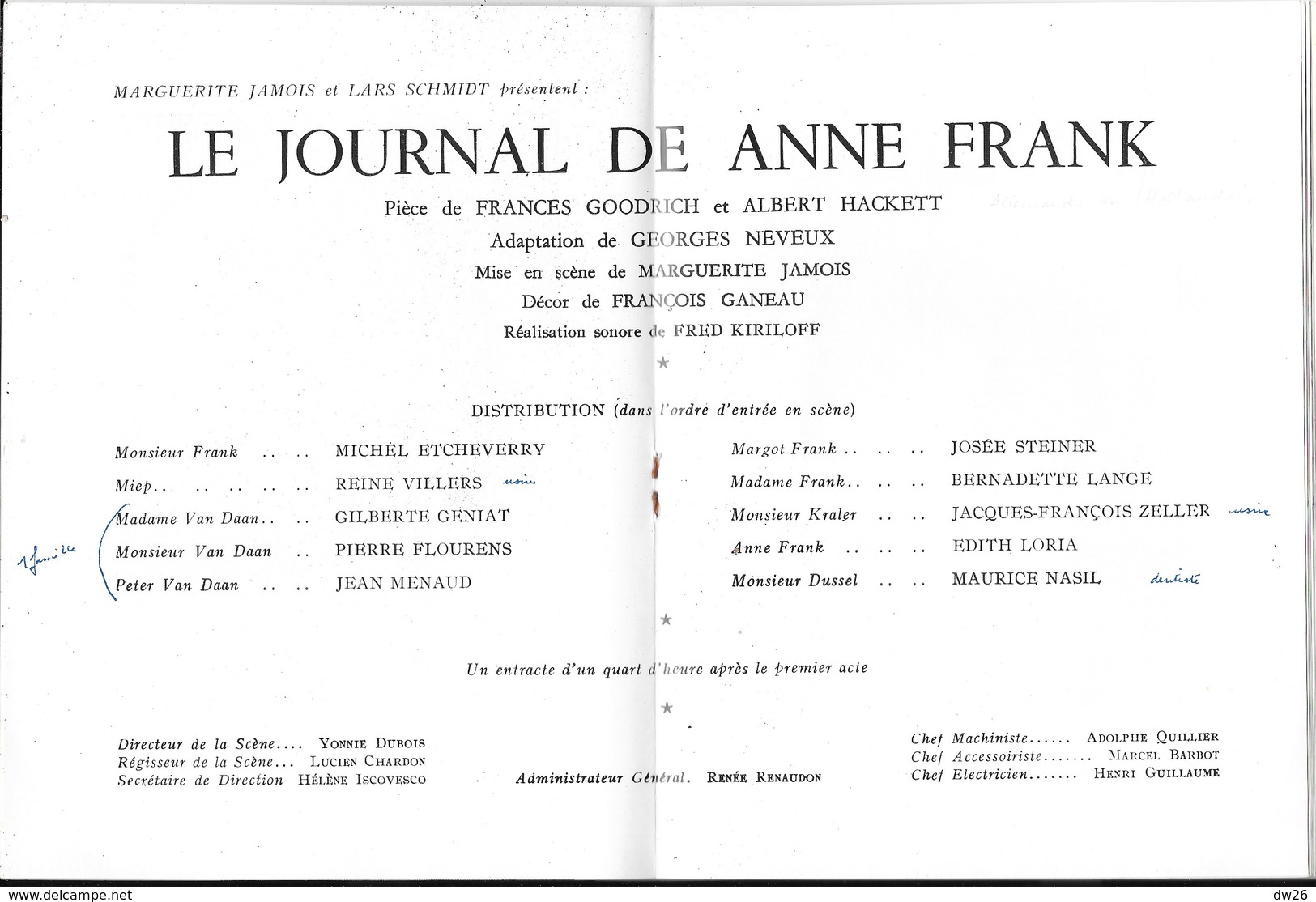 Programme Théâtre Montparnasse Gaston Baty - Pièce Le Journal D'Anne Frank Avec Michel Etcheverry 1958 - Programas