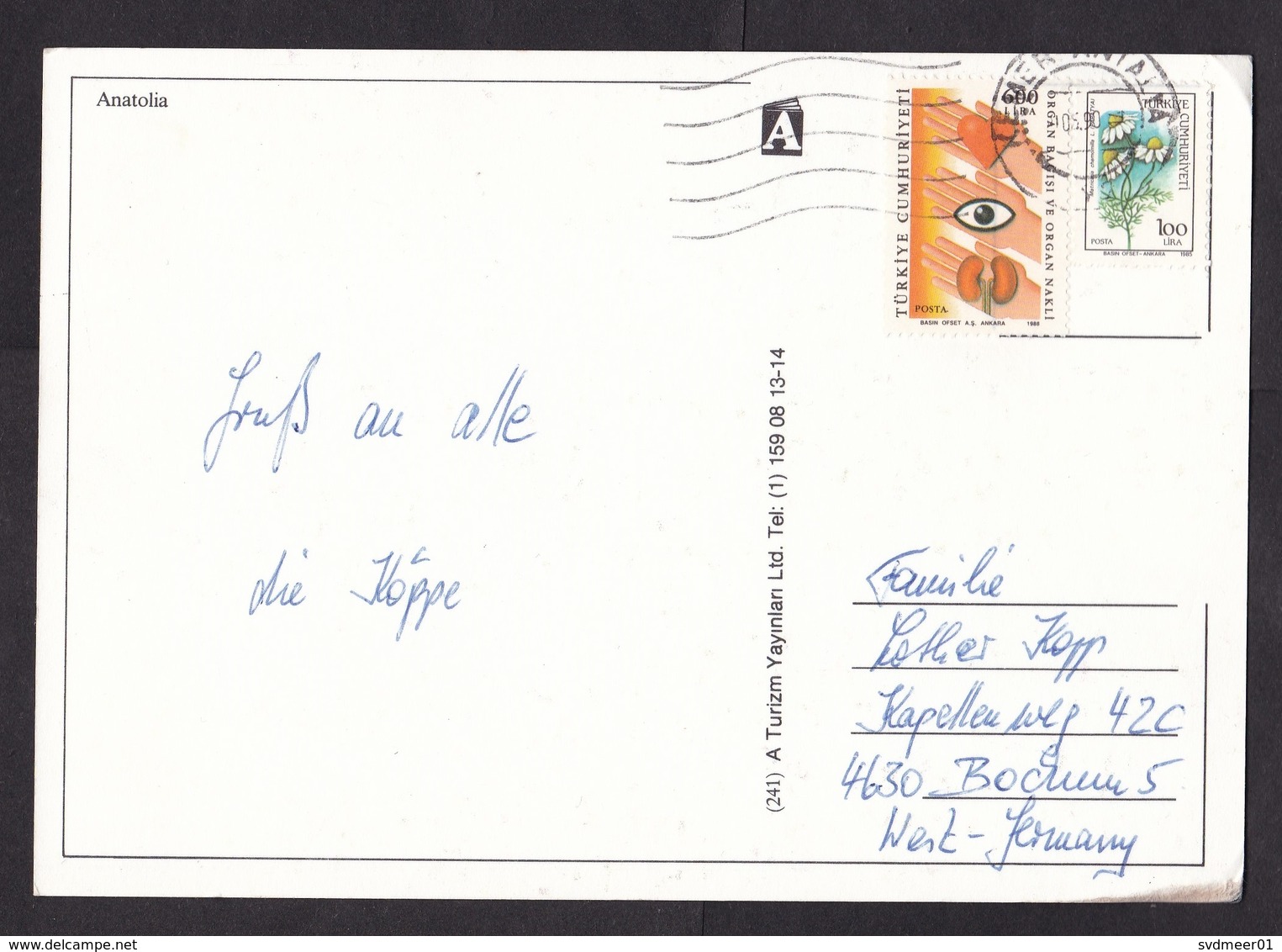 Turkey: Picture Postcard Kemer To Germany, 1990, 2 Stamps, Organ Donation Transplant, Heart, Eye, Kidney (minor Damage) - Lettres & Documents