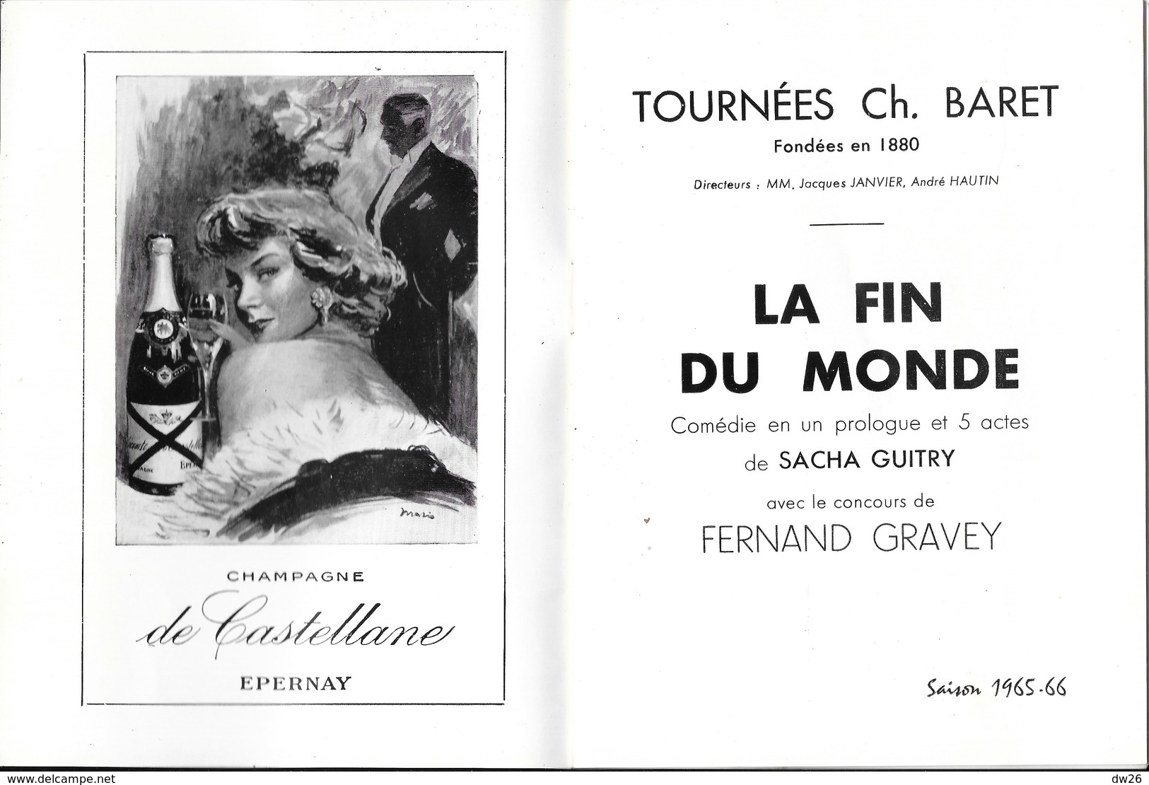 Programme Théâtre Galas Charles Baret - Pièce: La Fin Du Monde Avec Fernand Gravey 1965 - Programme