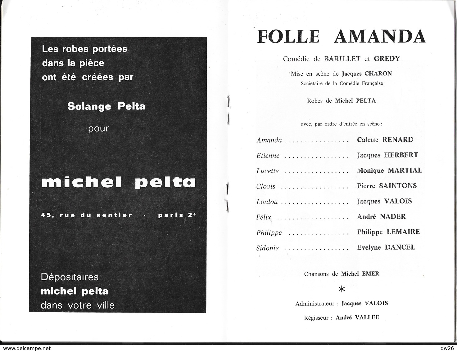 Programme Théâtre Galas Charles Baret - Pièce: Folle Amanda Avec Colette Renard, Mise En Scène De Jacque Charon 1972 - Programmes