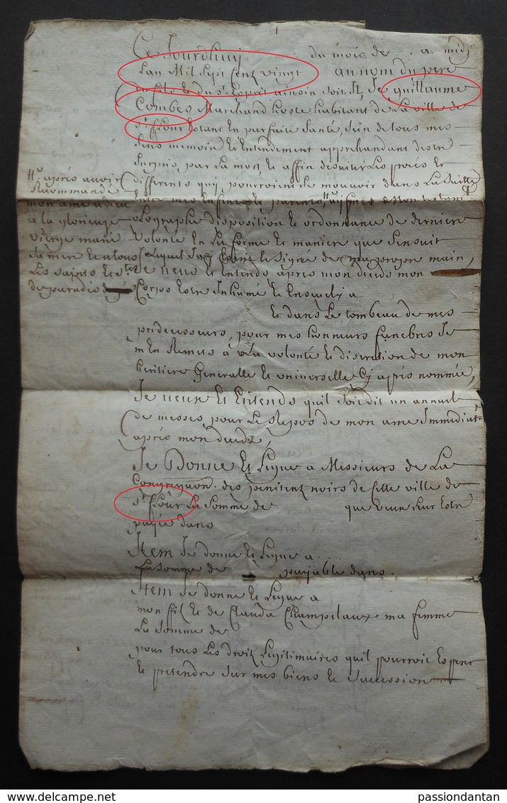 Manuscrit Du XVIIIe Siècle - Cantal - Saint-Flour - Protagoniste Dénommé Guillaume Combes - Testament De L'intéressé - Manuscrits