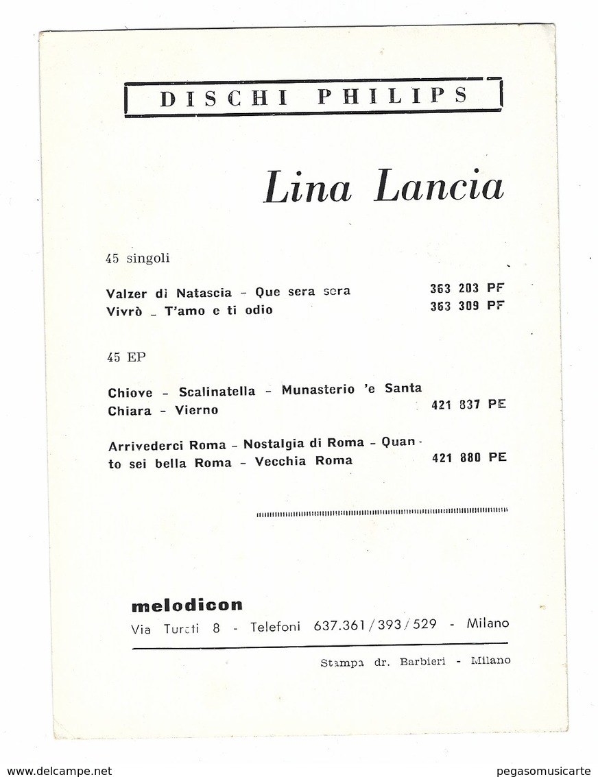 3426 - LINA LANCIA DISCHI PHILIPS 1950 CIRCA - Donne Celebri