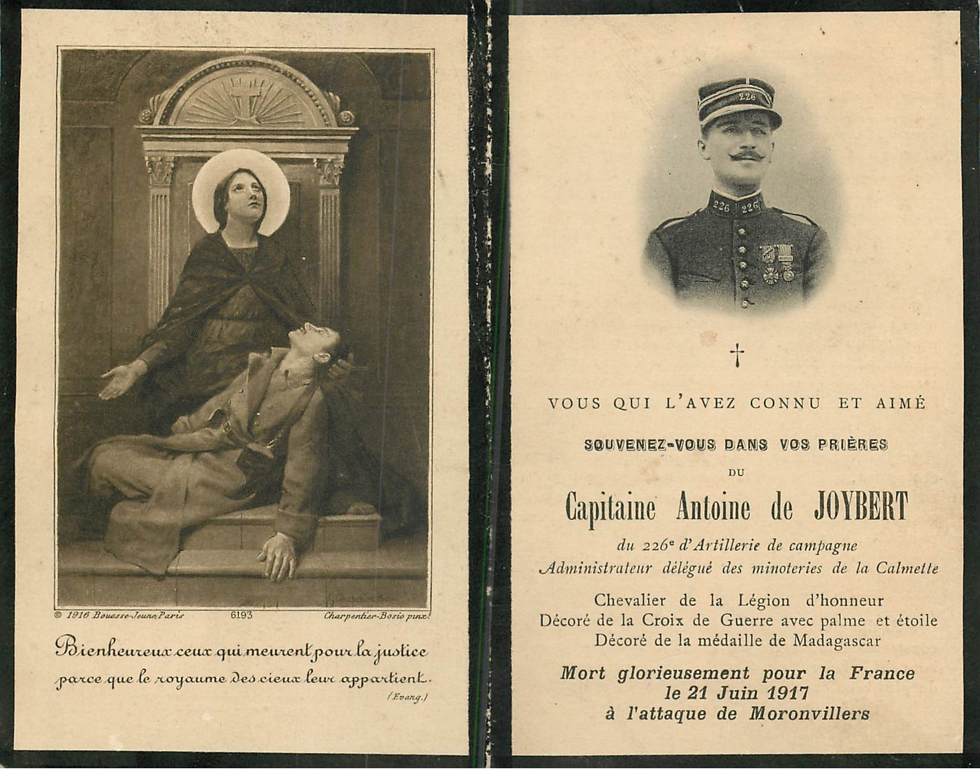 Avis De Décès Du Capitaine Antoine De Joybert Mort Pour La France Le 21 Juin 1917 à L'attaque De Moronvillers Réf 2030 - Décès