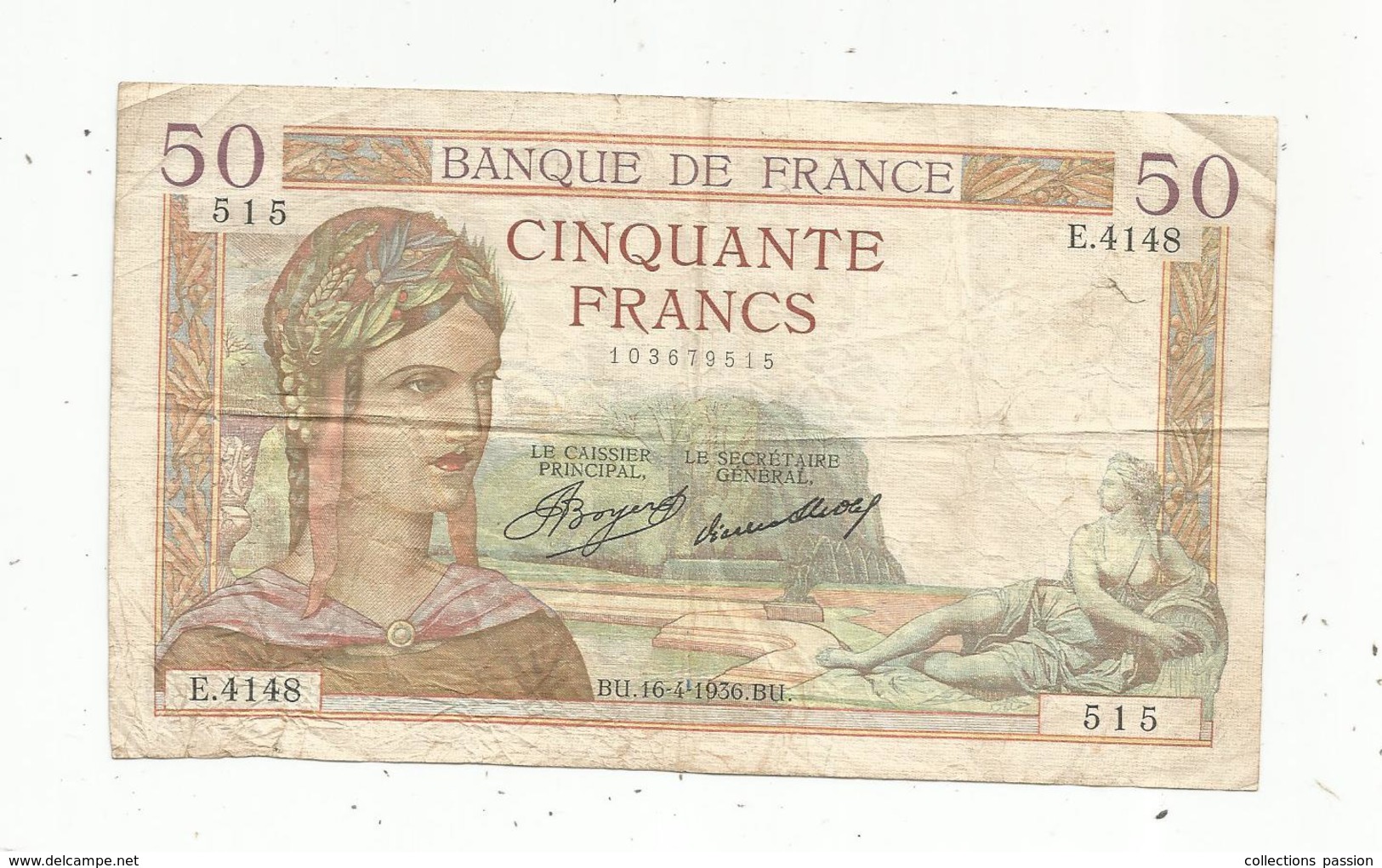 Billet ,France , Cerès ,  50 ,cinquante Francs ,16-4-1936 , 2 Scans - 50 F 1934-1940 ''Cérès''