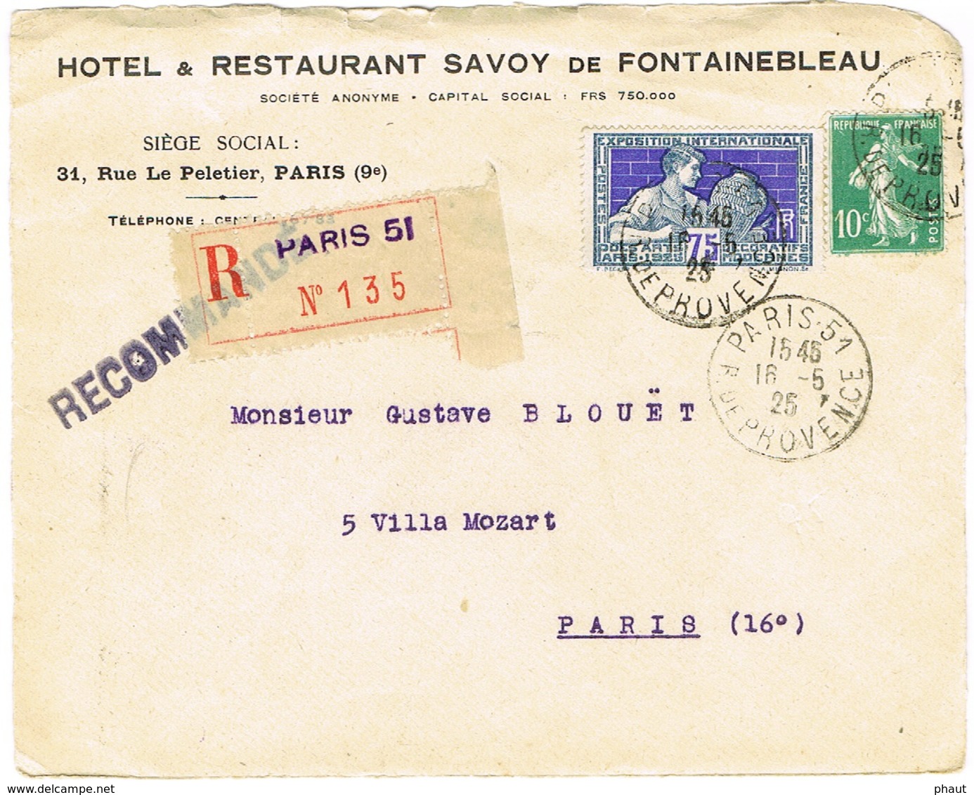 DEVANT DE LETTRE RECOMMANDE A EN-TETE HOTEL ET RESTAURANT SAVOY FONTAINEBLEAU - 1921-1960: Période Moderne