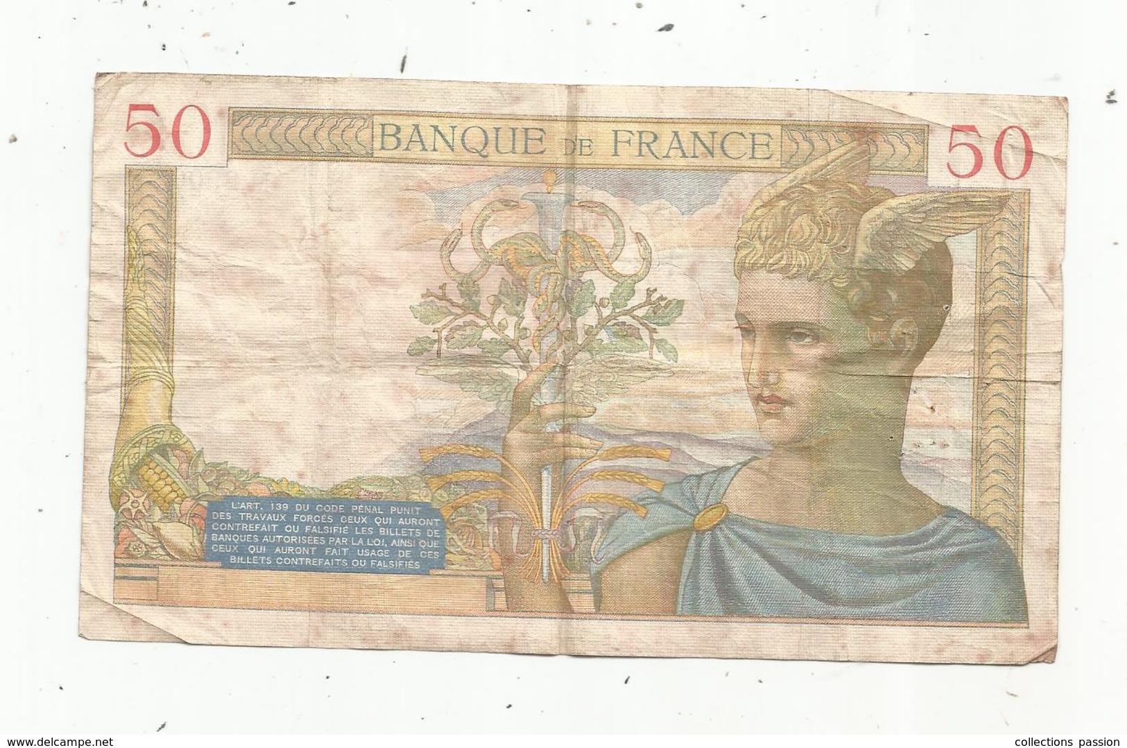 Billet ,France , Cerès ,  50 ,cinquante Francs ,12-9-1935 , 2 Scans - 50 F 1934-1940 ''Cérès''