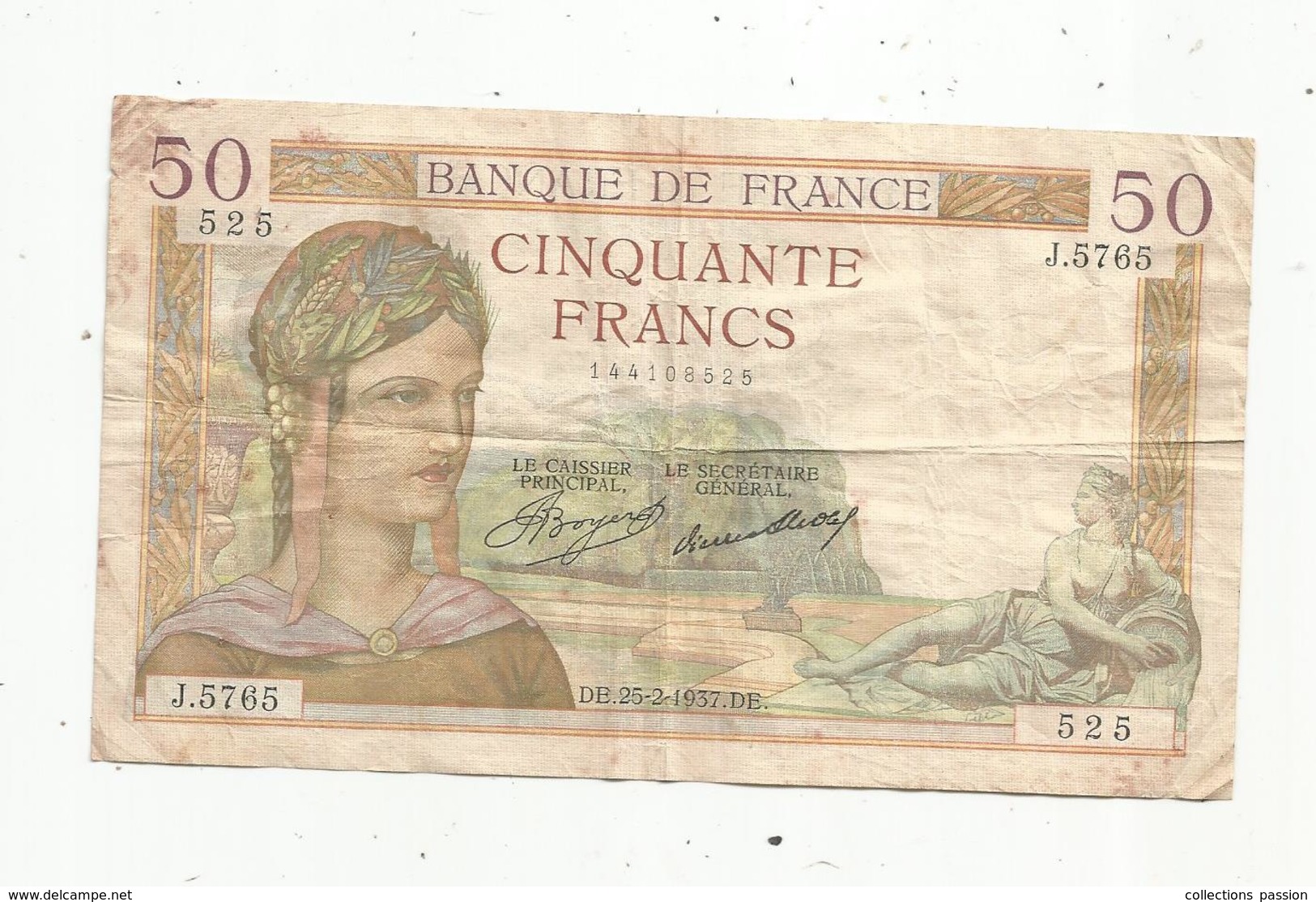 Billet ,France , Cerès ,  50 ,cinquante Francs ,25-2-1937 , 2 Scans - 50 F 1934-1940 ''Cérès''