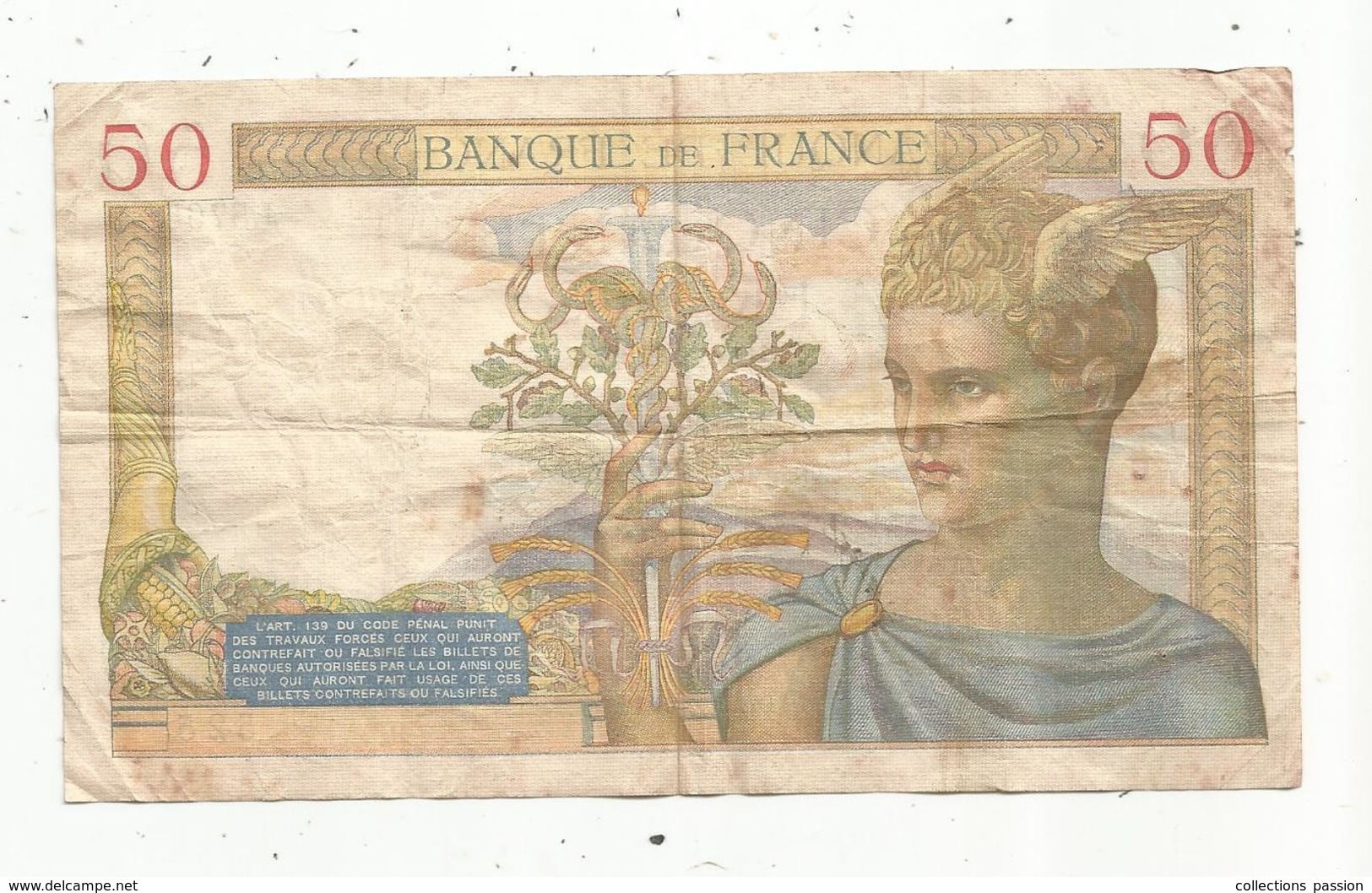 Billet ,France , Cerès ,  50 ,cinquante Francs ,25-2-1937 , 2 Scans - 50 F 1934-1940 ''Cérès''