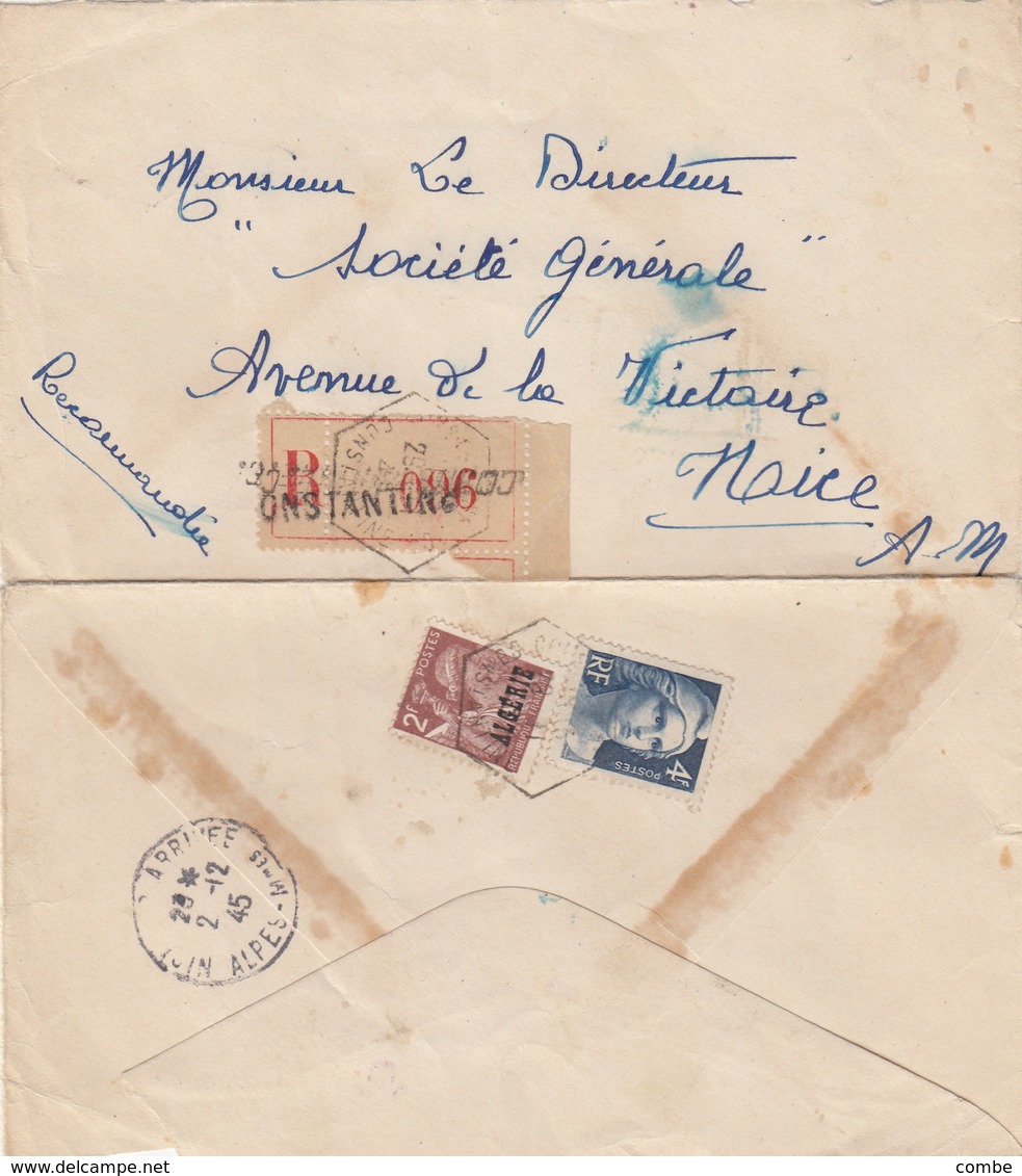 LETTRE. ALGERIE. 1945. RECOMMANDE CONSTANTINE. POUR NICE. AFFRANCHISSEMENT MIXTE AVEC LE N° 725  / 2 - Storia Postale