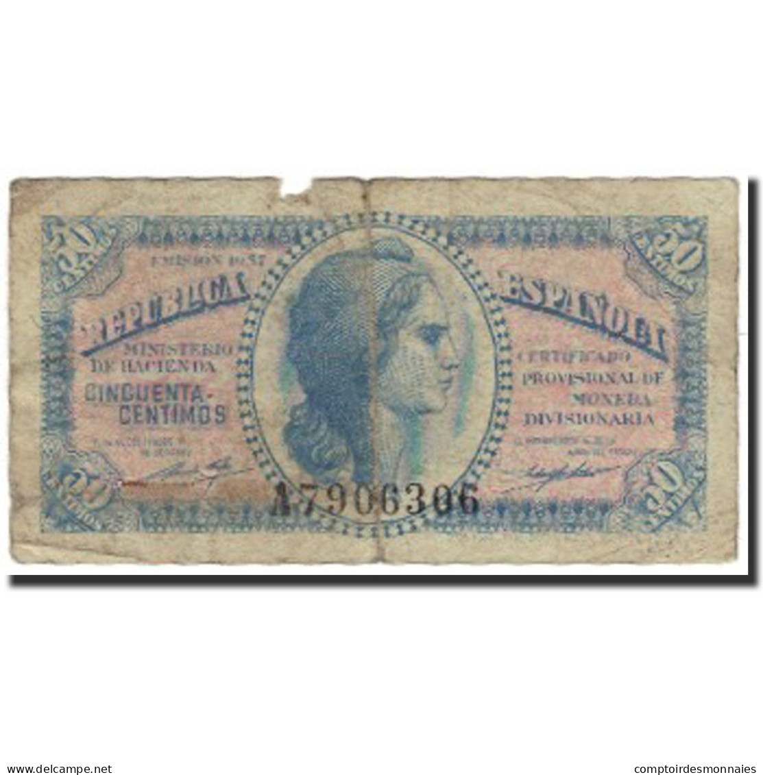 Billet, Espagne, 50 Centimos, 1937, KM:93, B+ - 1-2 Pesetas