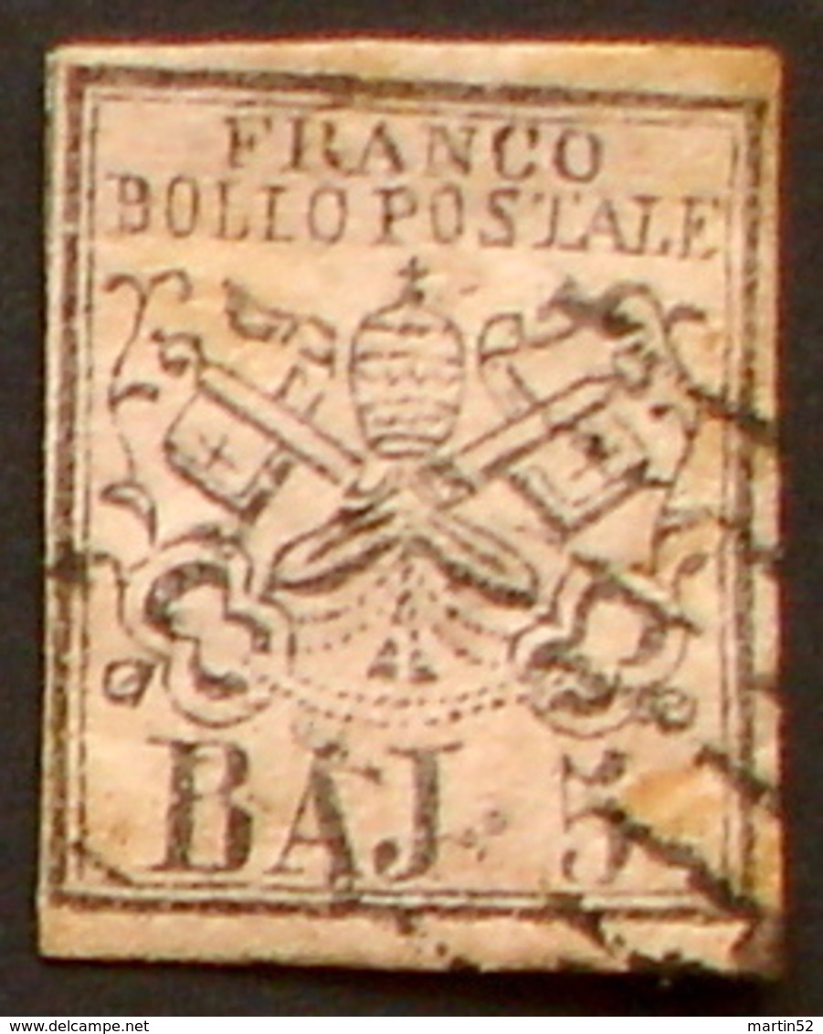 Stato Pontificio - BAJ.5 Di 1852: FALSO DI EPOCA Sassone No. F3 Michel-No. 6 A, Rosa Signo & Certificato RAYBAUDI (1973) - Stato Pontificio