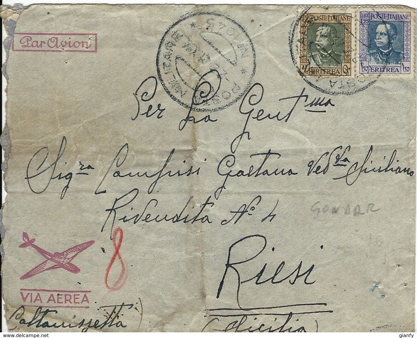 AEROGRAMMA COLONIE FRANCHIGIA POSTA MILITARE 1045 1941 GONDAR X RIESI - Military Mail (PM)