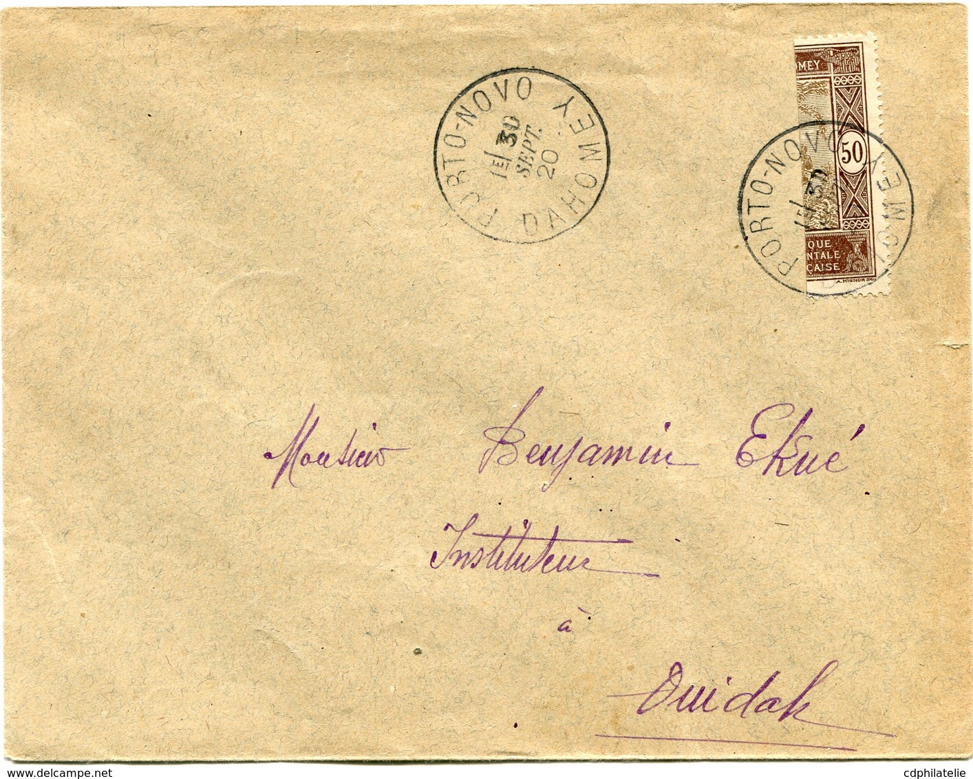 DAHOMEY LETTRE AVEC AFFRANCHISSEMENT 1/2 TIMBRE DEPART PORTO-NOVO 30 SEPT 20 DAHOMEY POUR LE DAHOMEY - Storia Postale