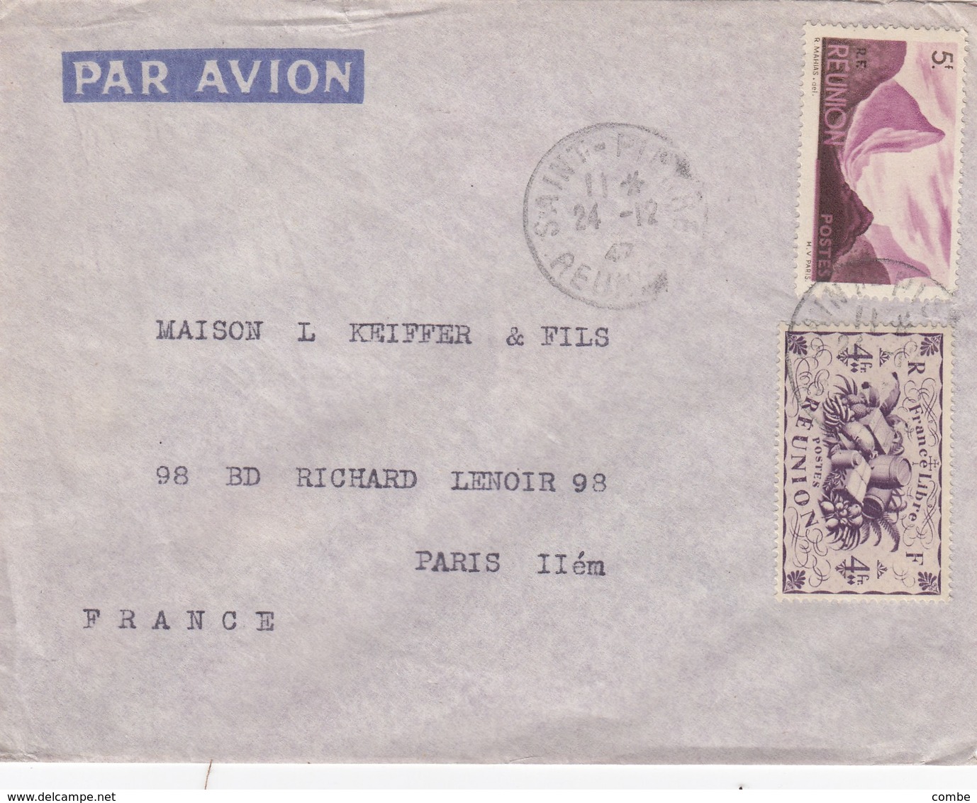 LETTRE REUNION. 24 12 47. LL DAOUDJÉE ST PIERRE  POUR PARIS  / 2 - Covers & Documents